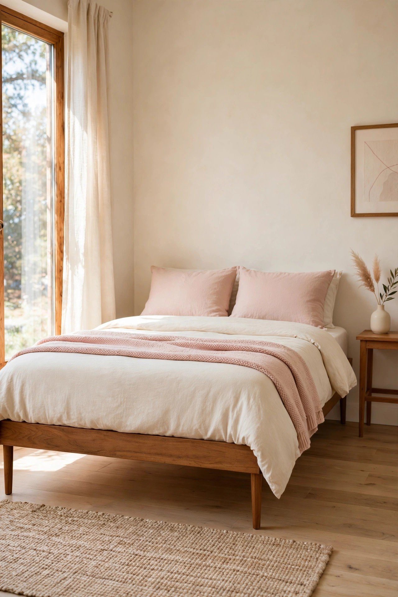 Simple minimalist queen bed frame on slim wooden legs showing the floor beneath in a small bedroom