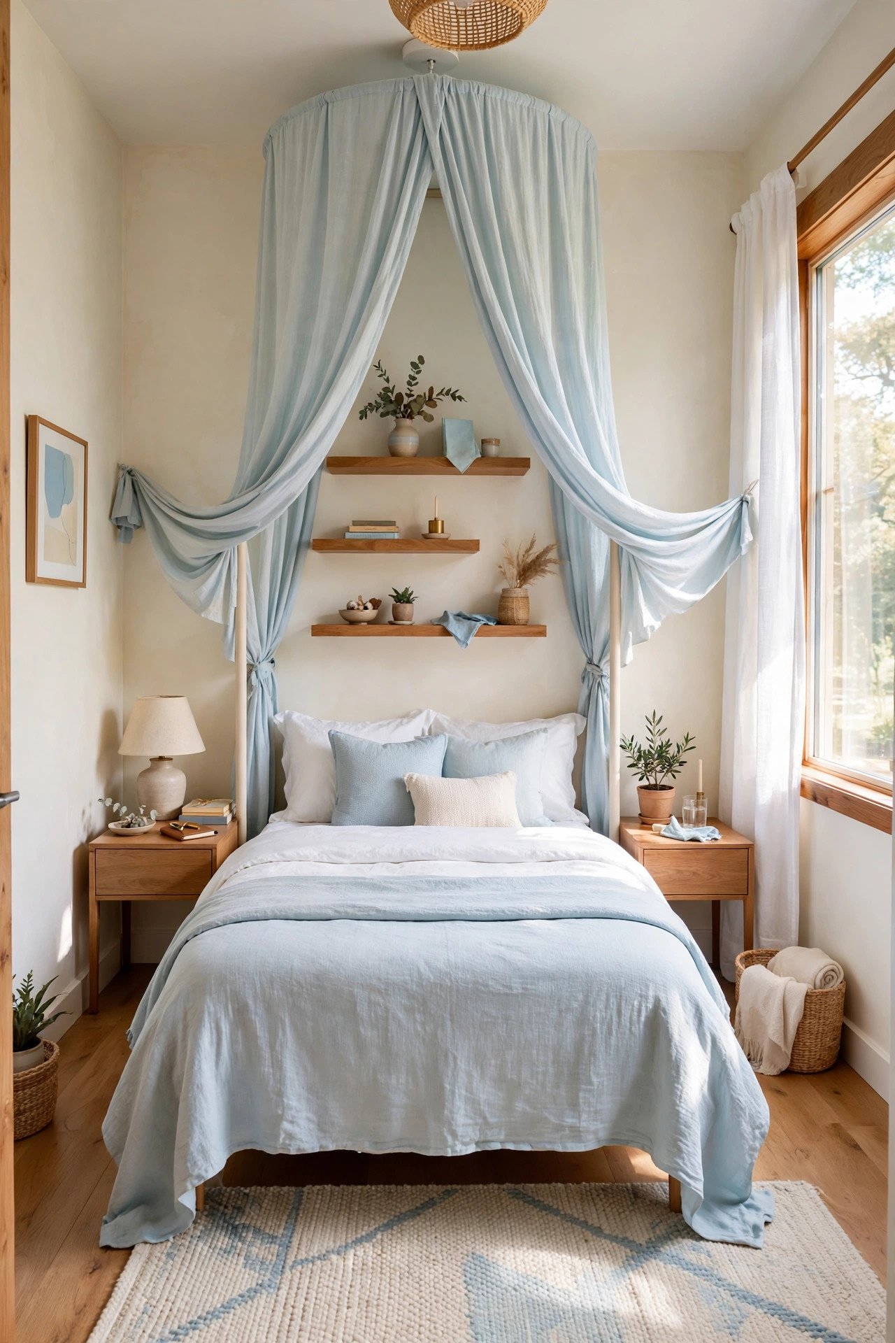 Small guest room layout with a dreamy canopy bed in pale blue fabric, slim nightstands, and floating shelves