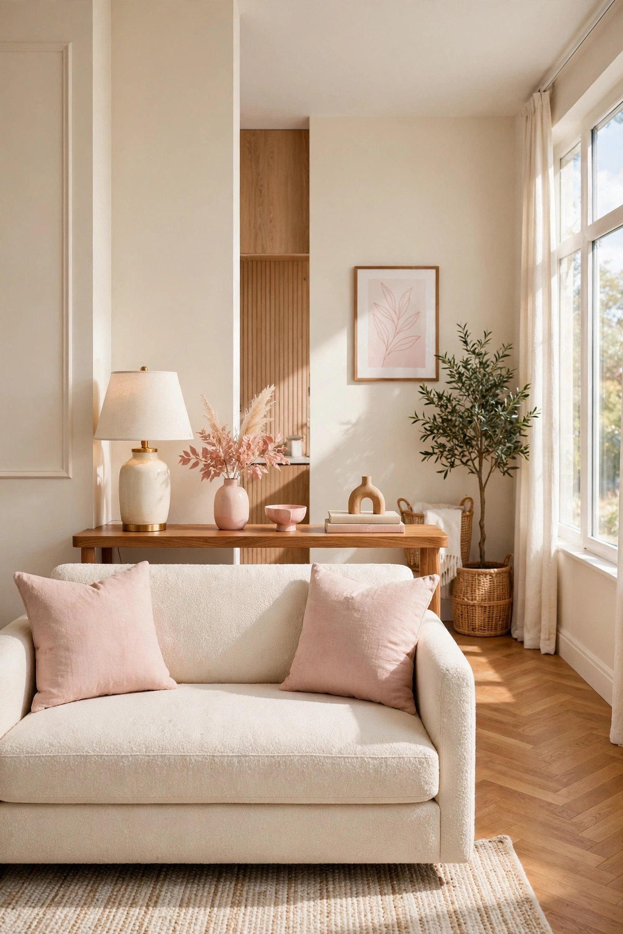 Small living room layout ideas with a narrow console table behind the sofa acting as a subtle room divider