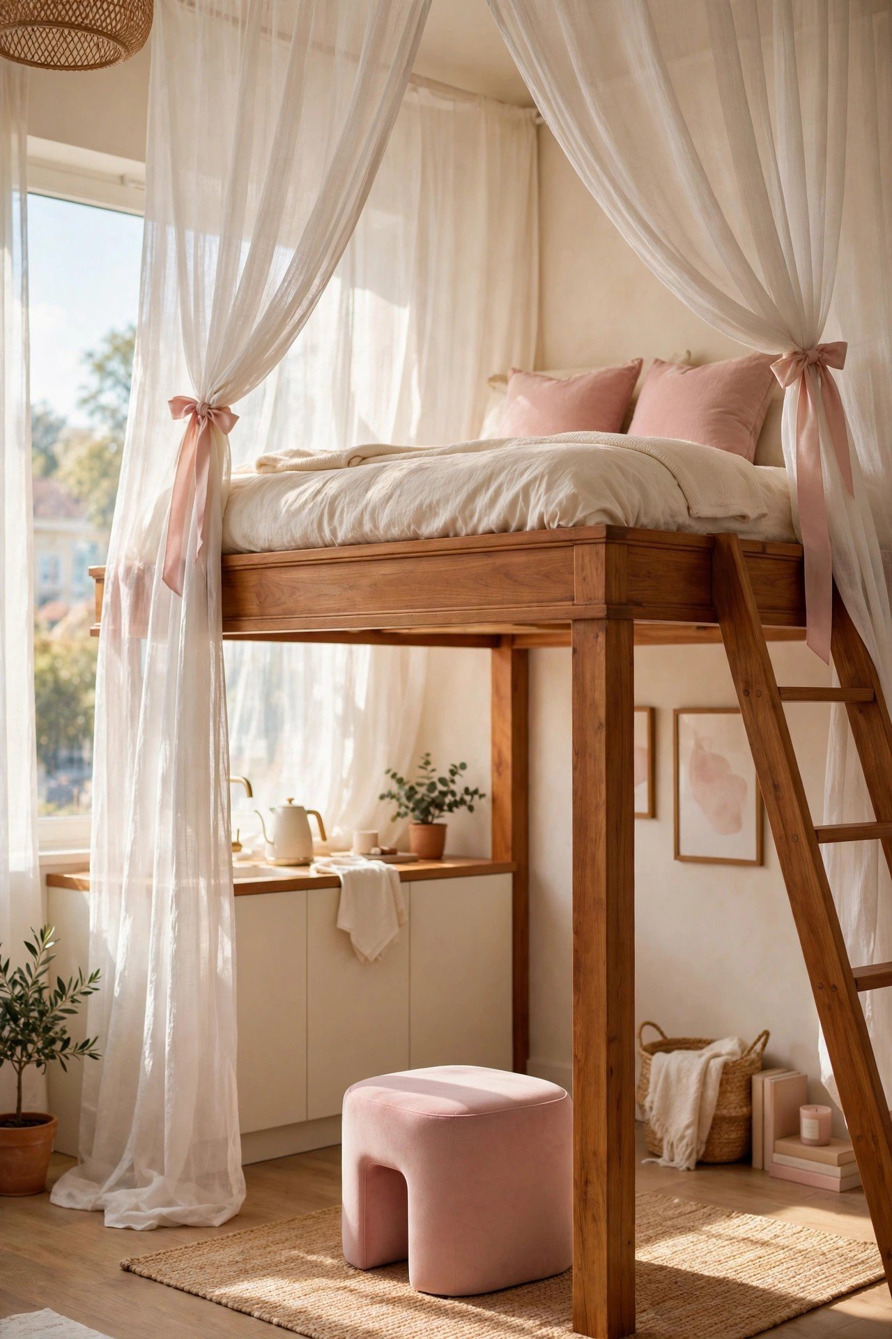 Draped fabric canopy loft bed with sheer curtains around the sleeping area in a studio apartment