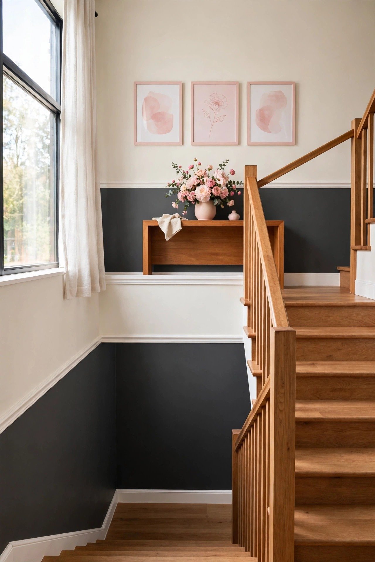 Two-tone painted staircase wall with dark lower half and light upper half