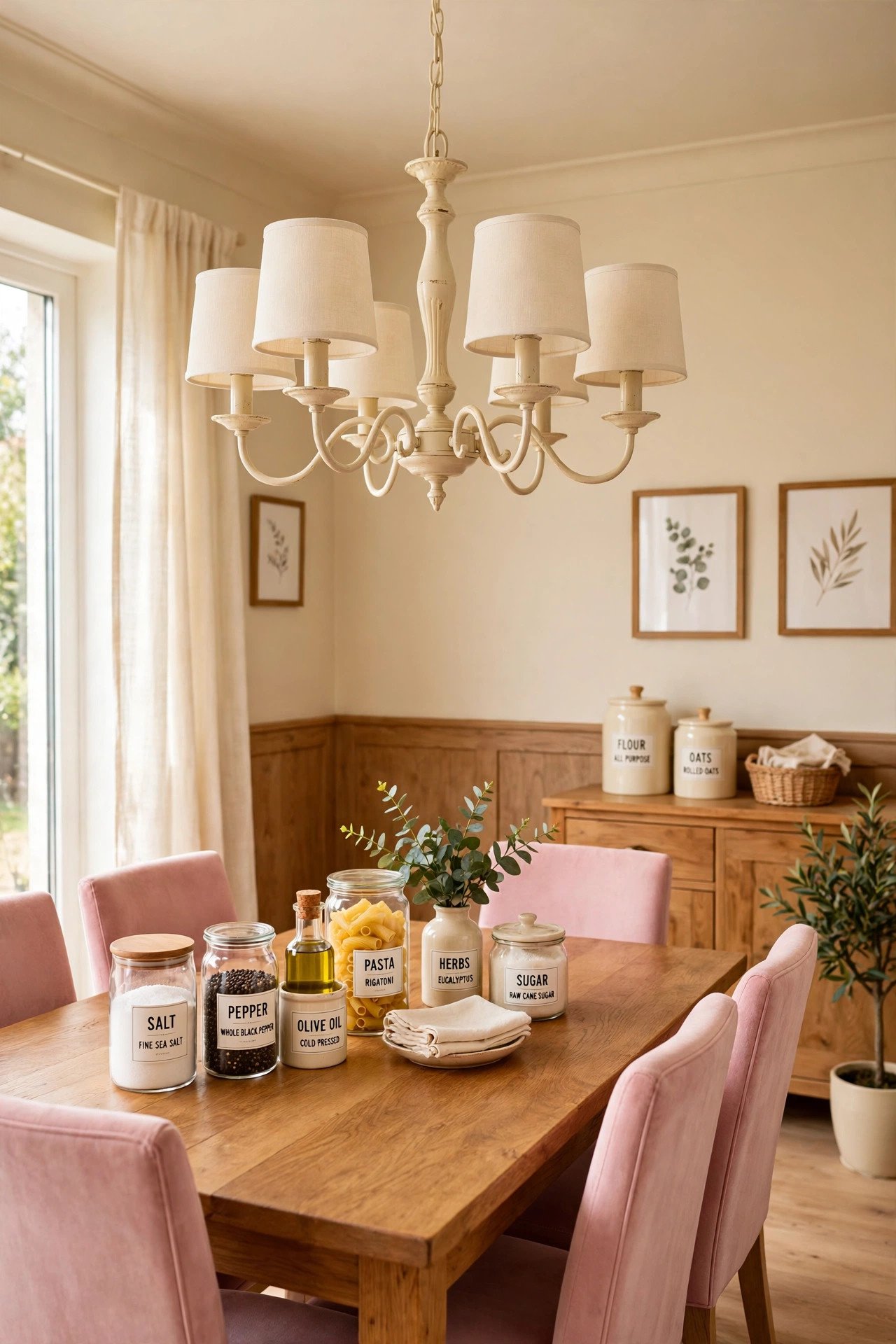 Thrifted chandelier revamped with cream paint and new shades in a dining room in blush pink tones