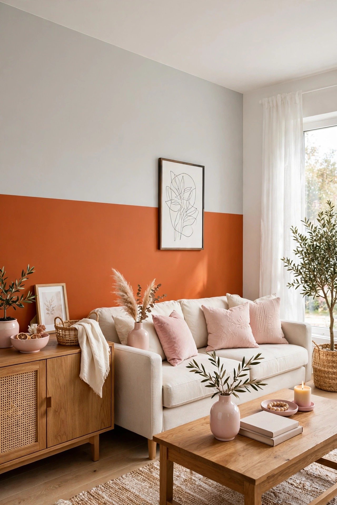 Burnt orange and light gray two tone wall paint ideas with bold orange accent and soft gray on a living room accent wall