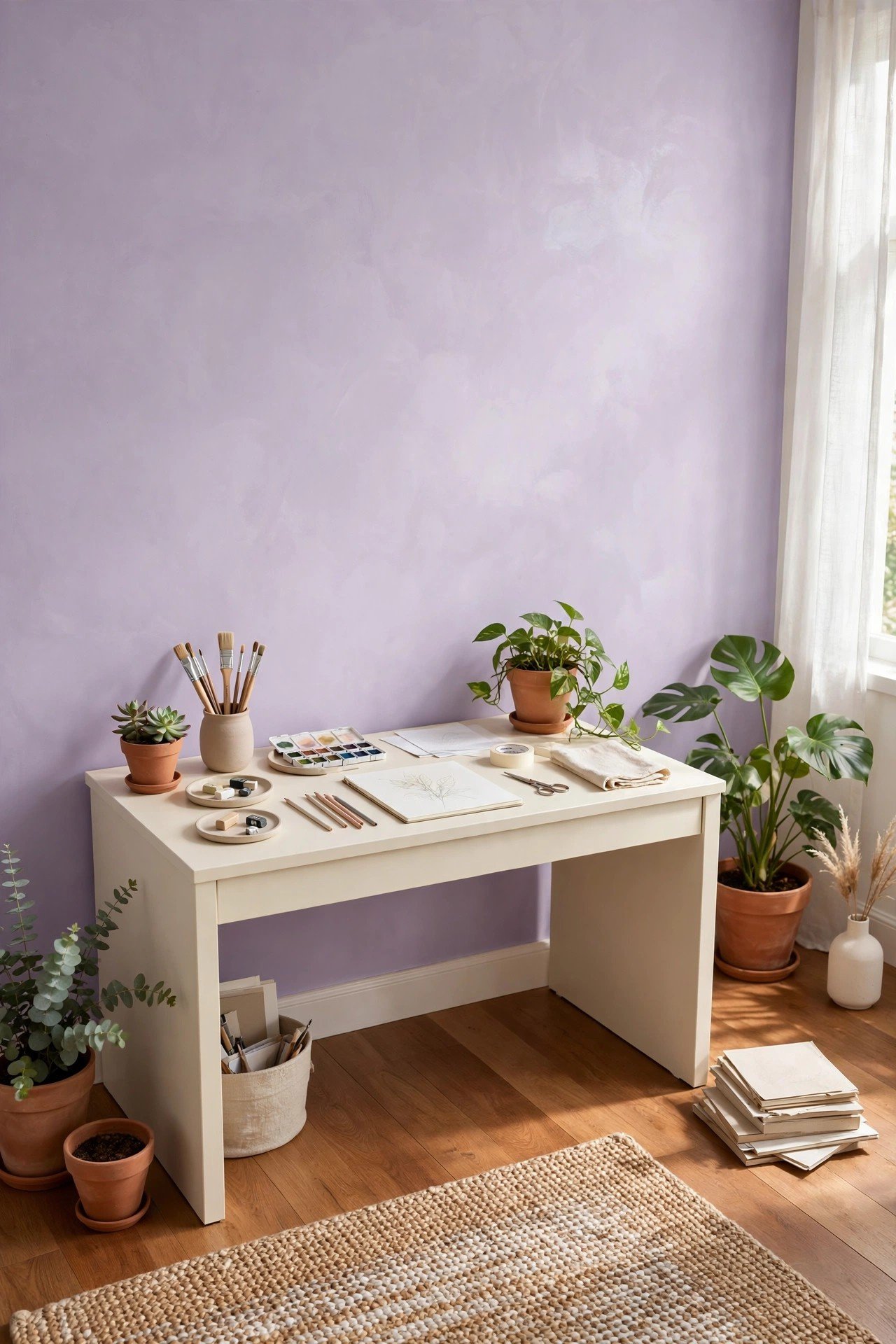 Soft lavender Venetian plaster wall in a creative studio room with plants
