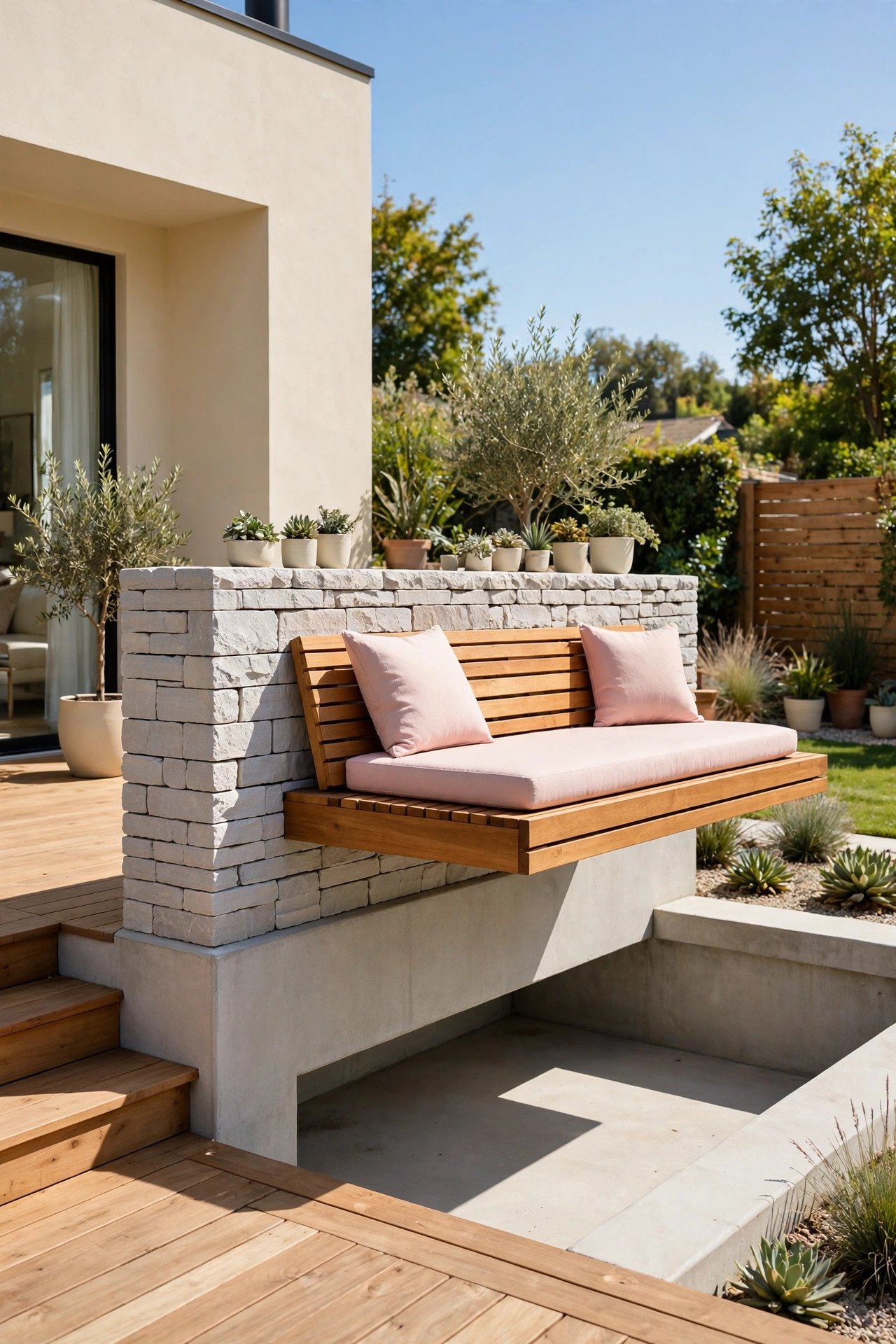 Cantilevered wooden bench on a deck with concrete base