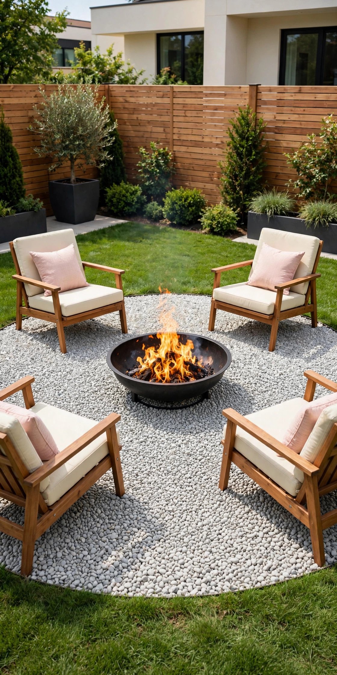 Fire pit on a pea gravel pad with blush pink cushions instead of grass