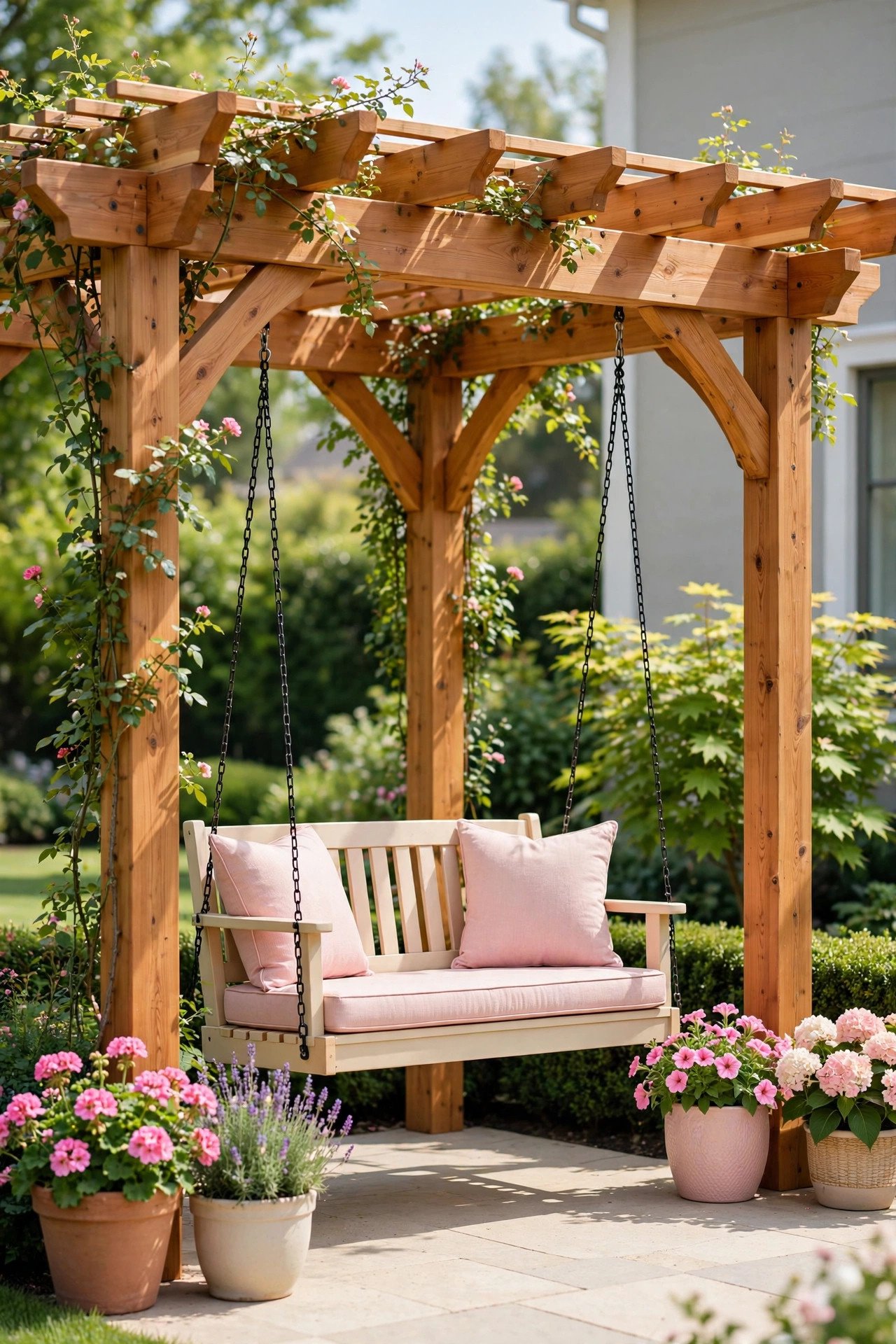 Wooden pergola with a hanging porch swing and flowers