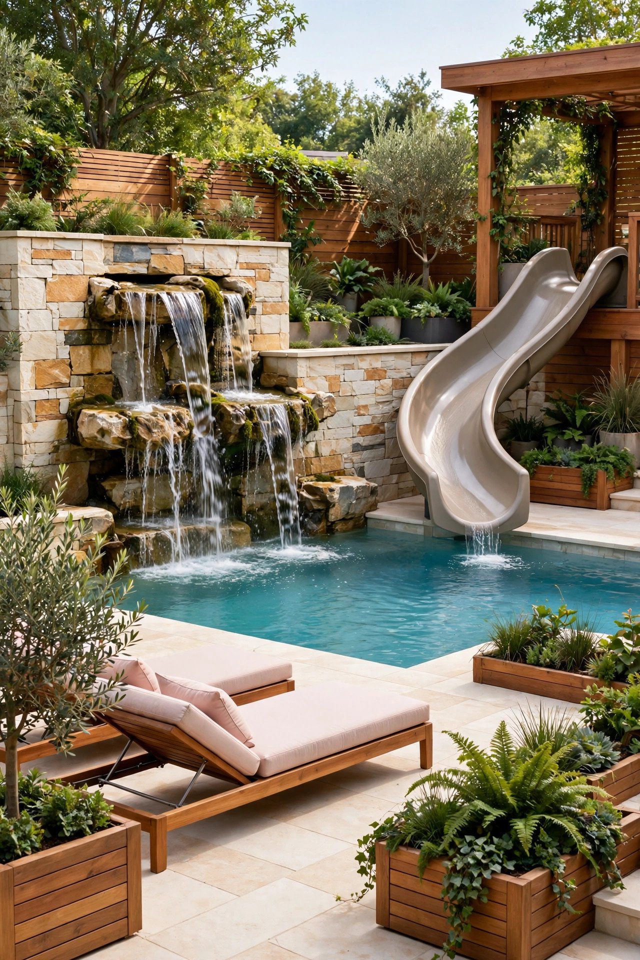 Pool deck with a stone waterfall and water slide