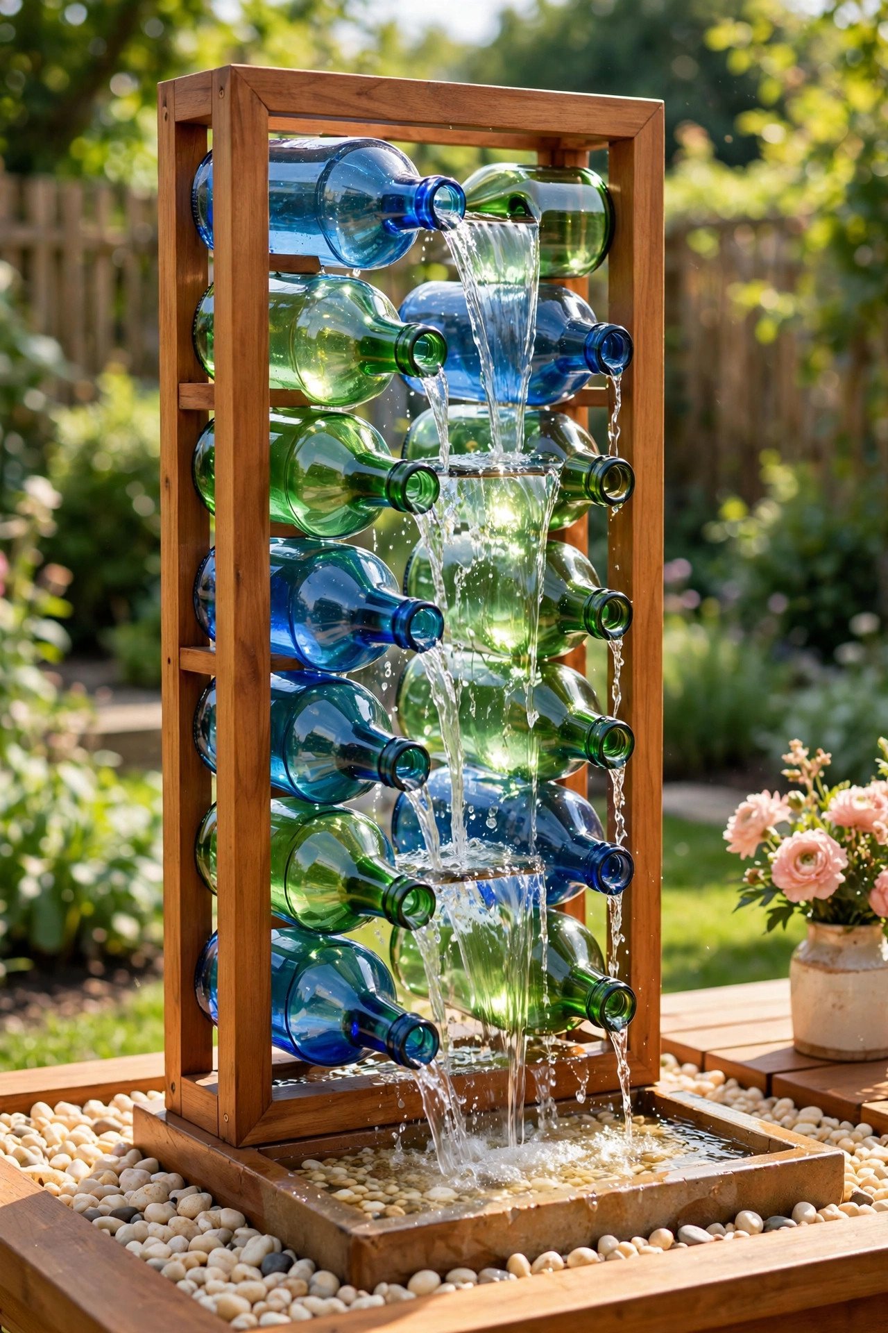 Waterfall made from recycled glass bottles