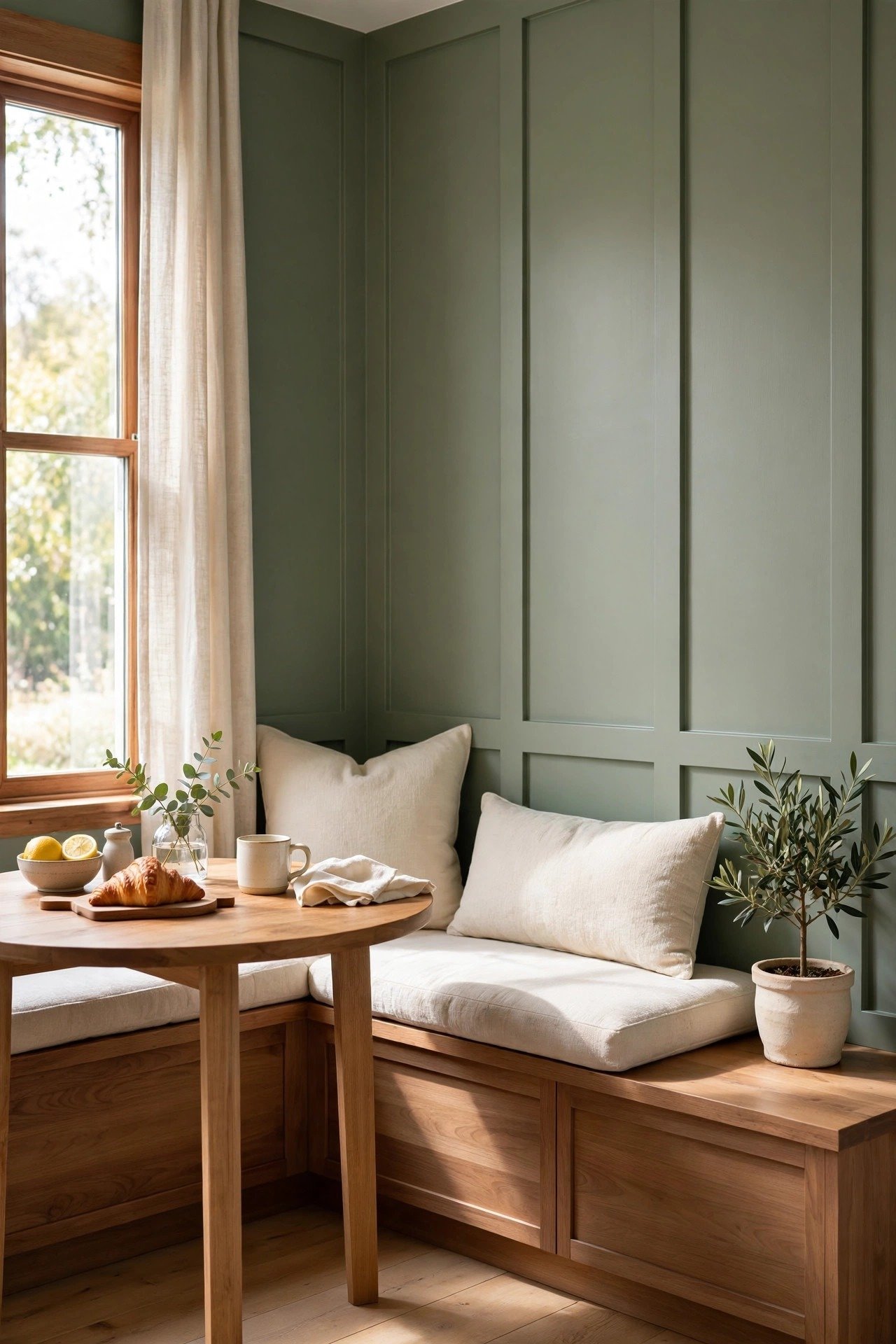 Cozy breakfast nook with sage green board and batten walls and a built-in wood bench