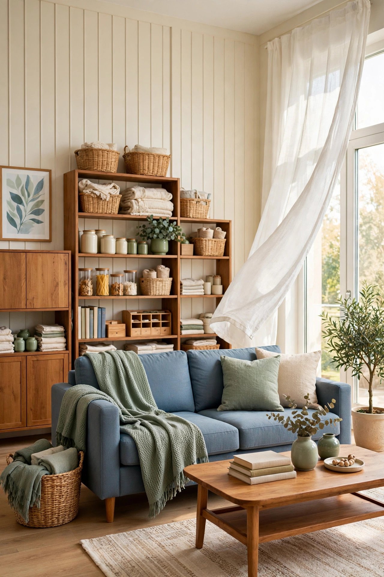 Light living room with blue-toned sofa, paneled walls, and soft drapery
