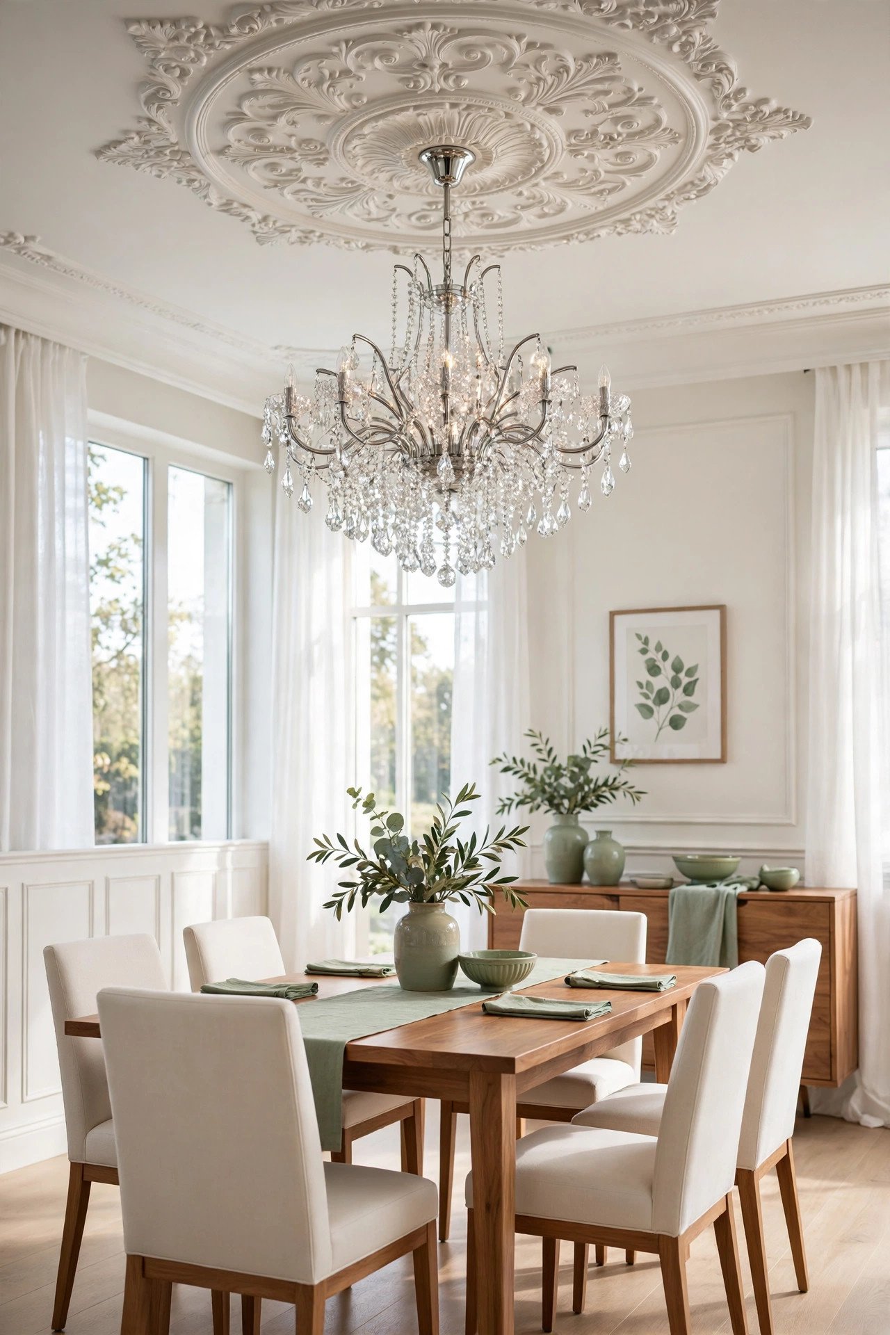 Ornate ceiling medallion with a shimmering crystal chandelier hanging in an elegant dining room
