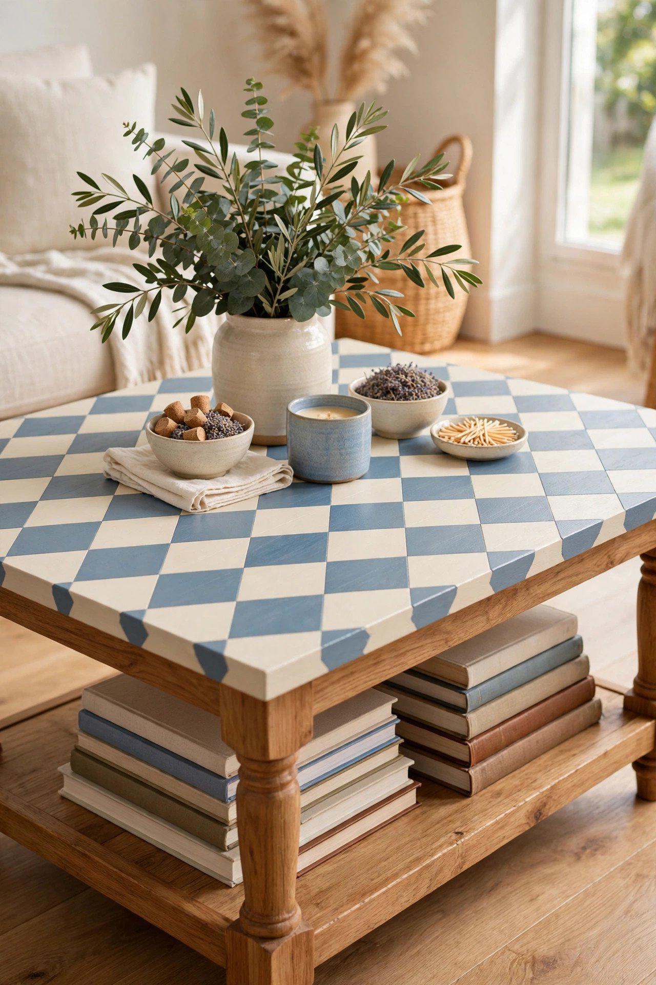 Coffee table top with a harlequin diamond pattern in cream and soft blue