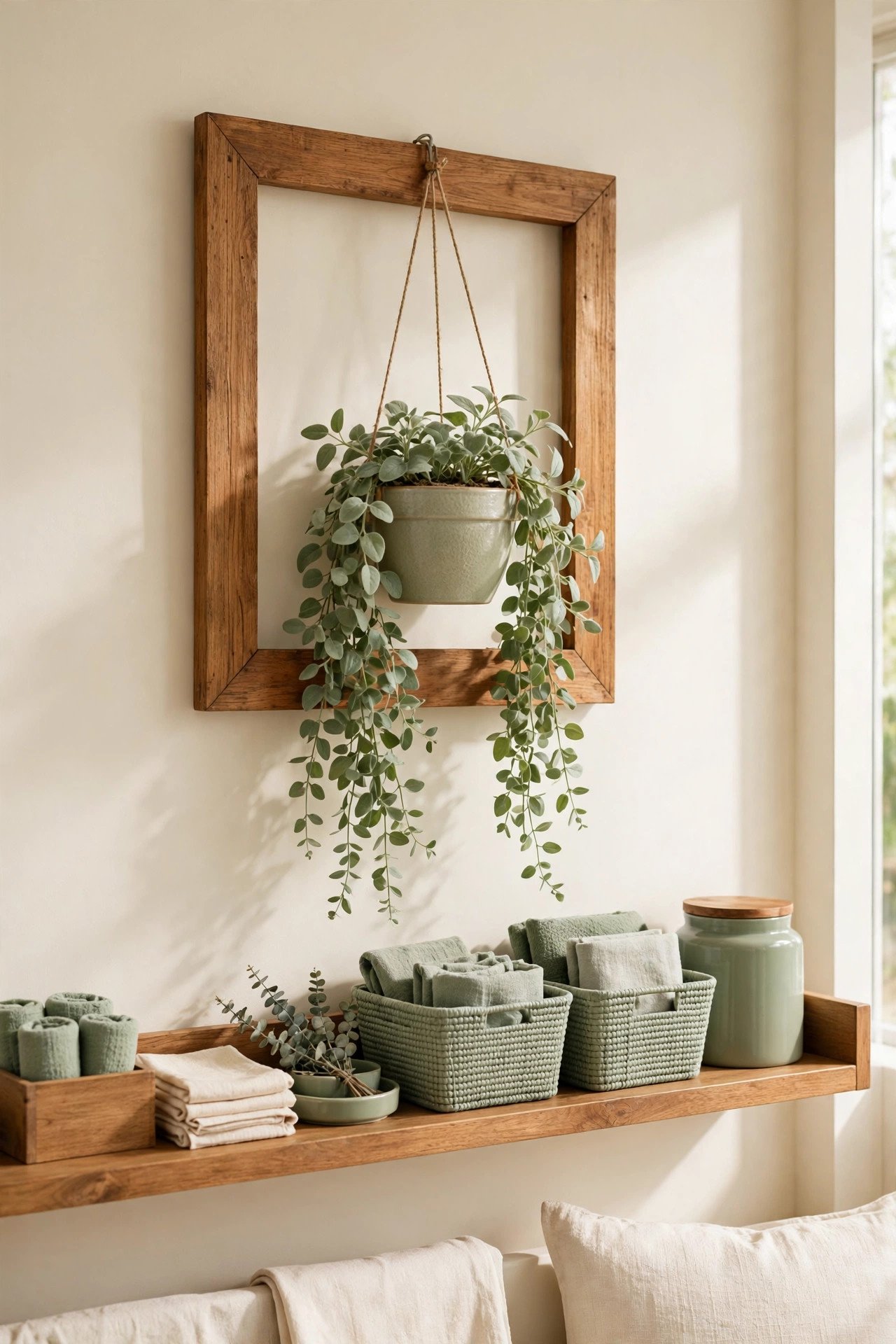 Hanging planter suspended inside a rustic wooden picture frame