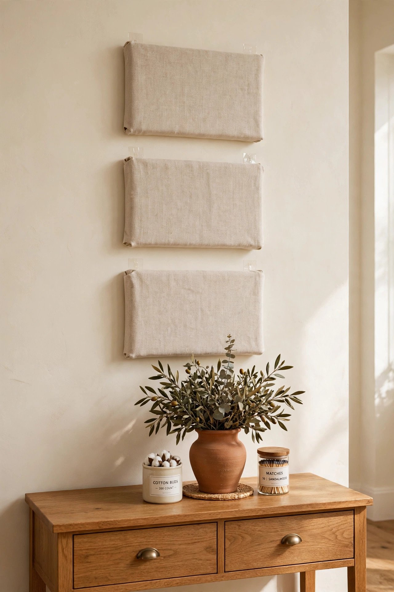 Foam board wall art wrapped in linen fabric hanging with command strips in terracotta tones