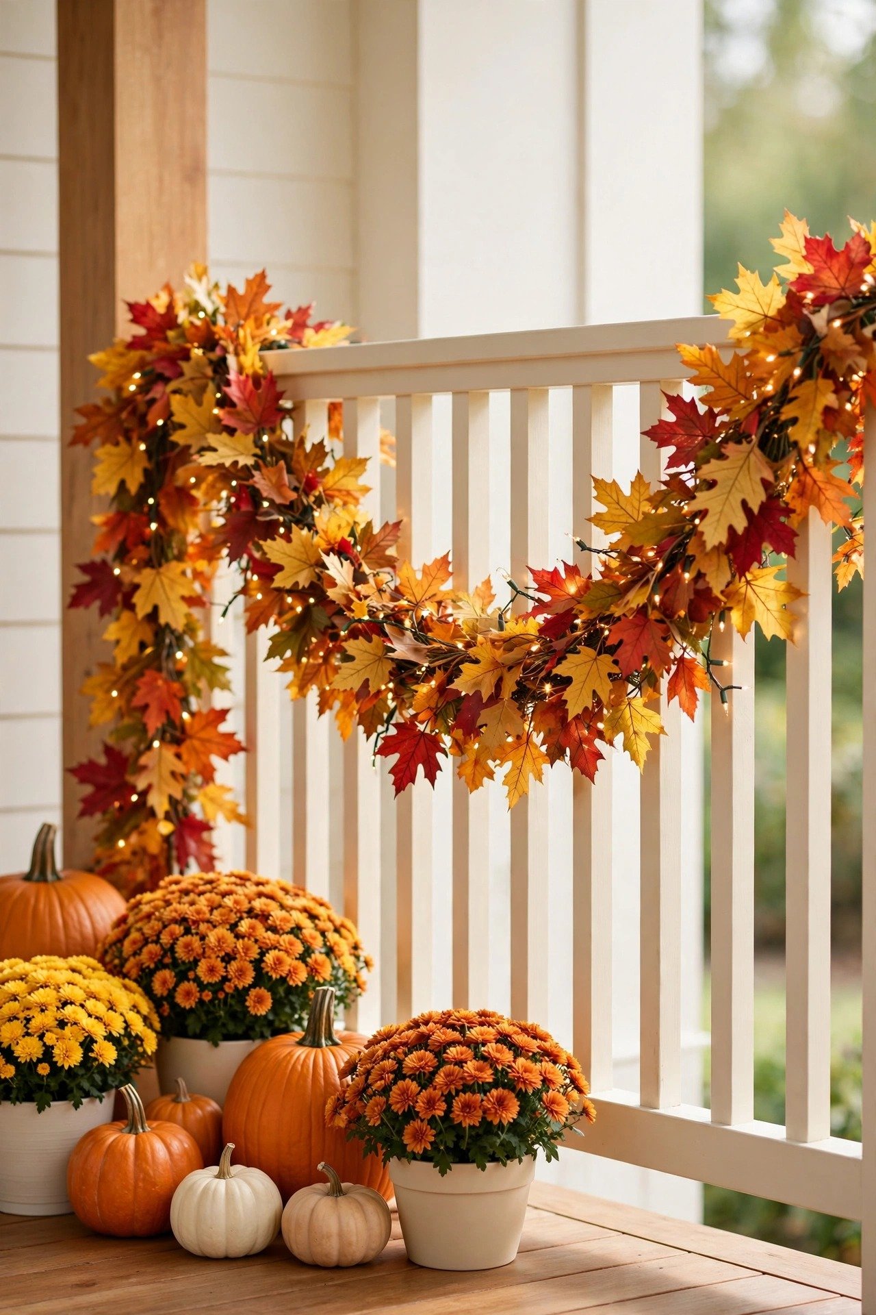 A full fall leaf garland in red, gold, and orange draped along a porch railing
