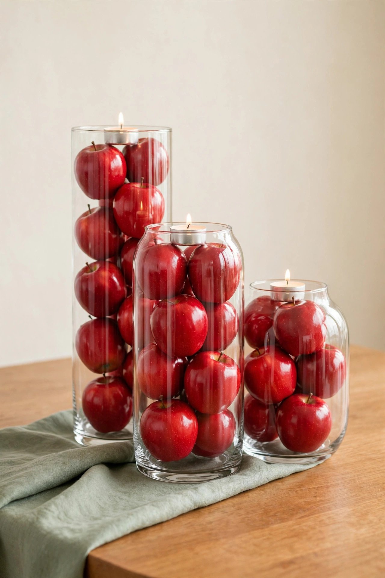 Red apples and candles clustered inside clear glass vases