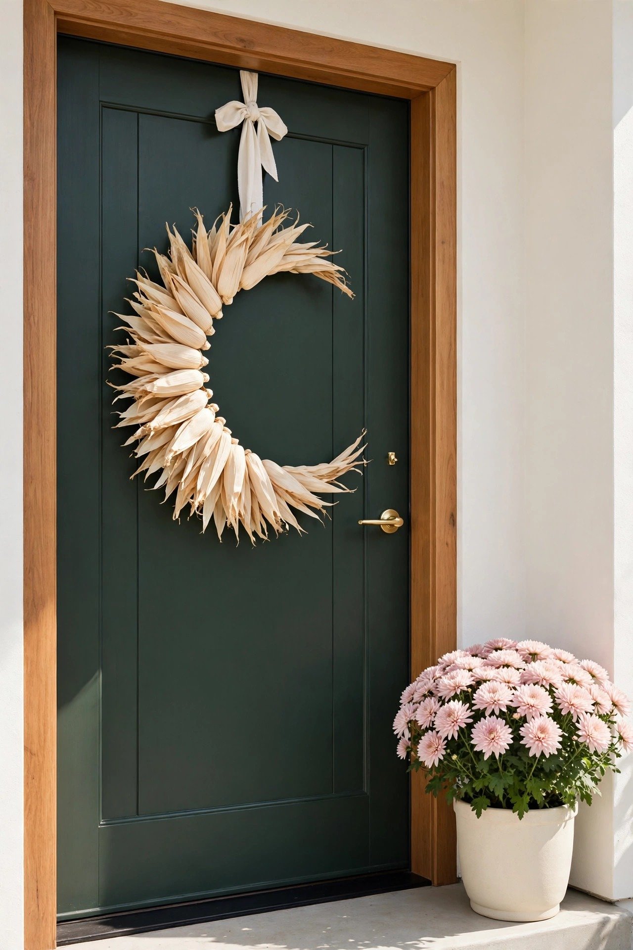 Sculptural crescent wreath of dried natural corn husks on a dark forest green front door