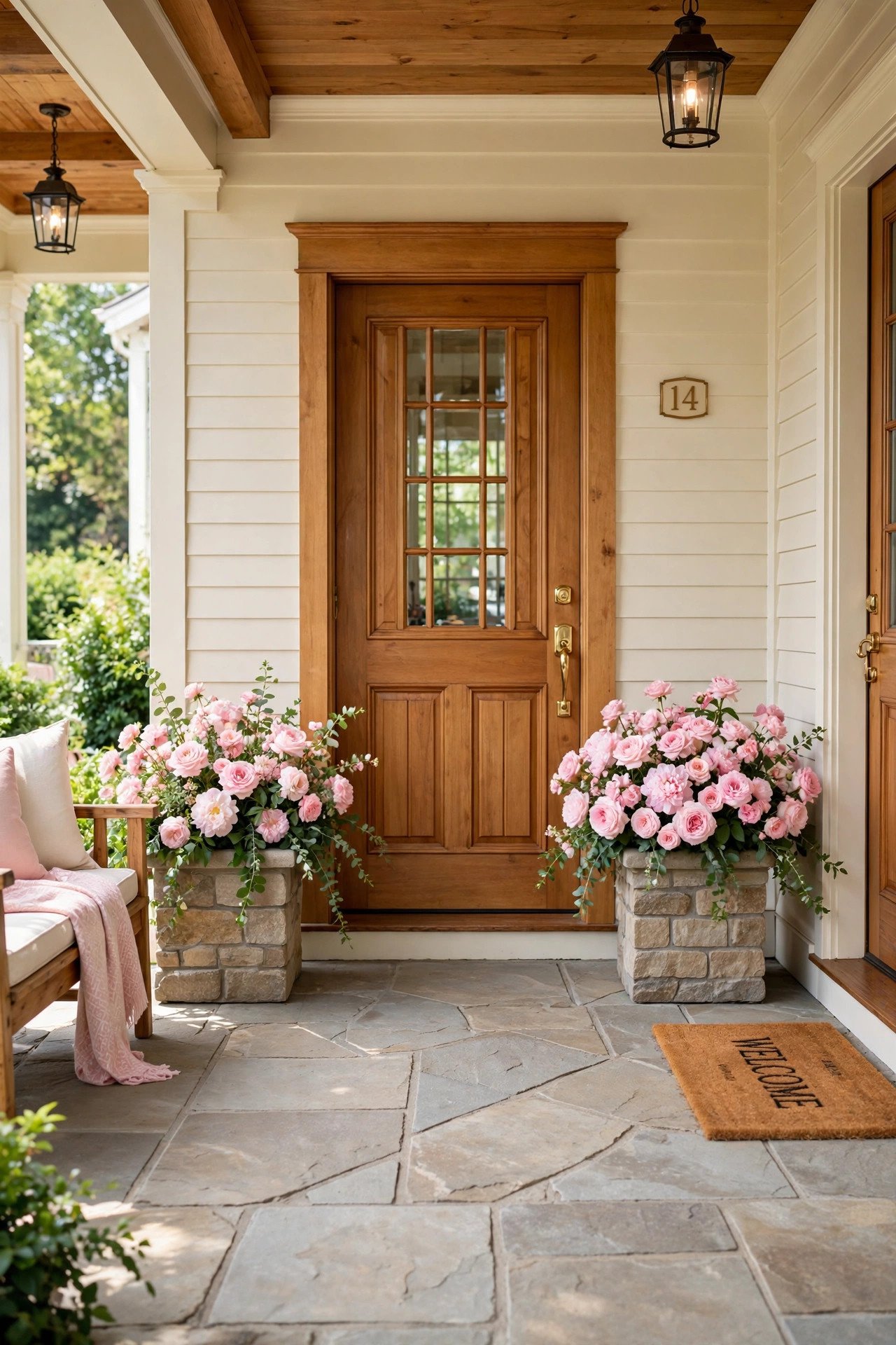 Natural stone paver flooring on an elegant front porch with blush pink flowers