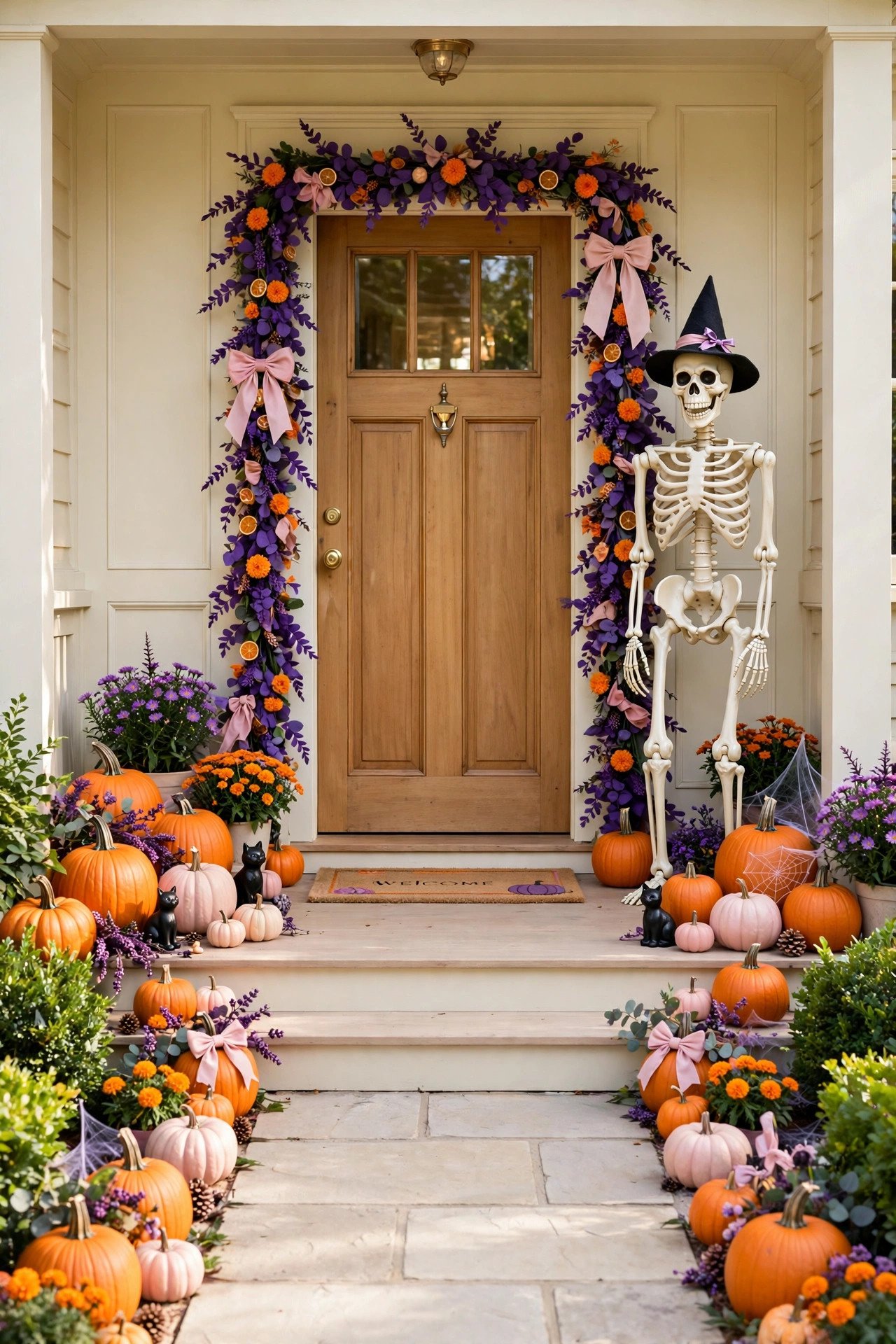Front porch with purple garland around the door, a friendly skeleton figure, and pumpkins