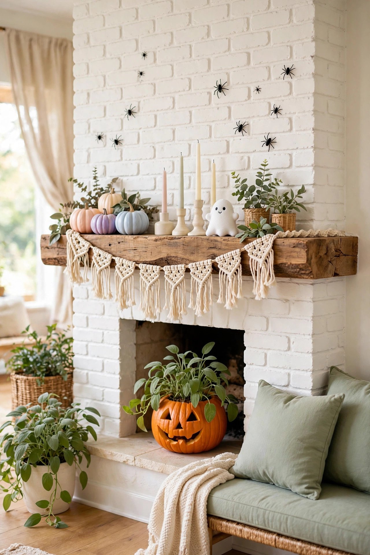 Bohemian fireplace with pastel pumpkins, macrame garland and houseplants