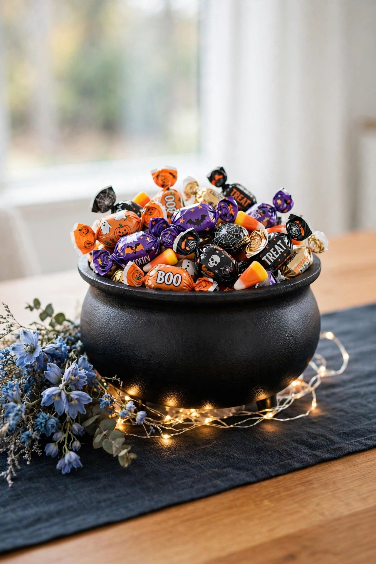 Black cauldron candy bowl filled with wrapped treats on a Halloween dinner table