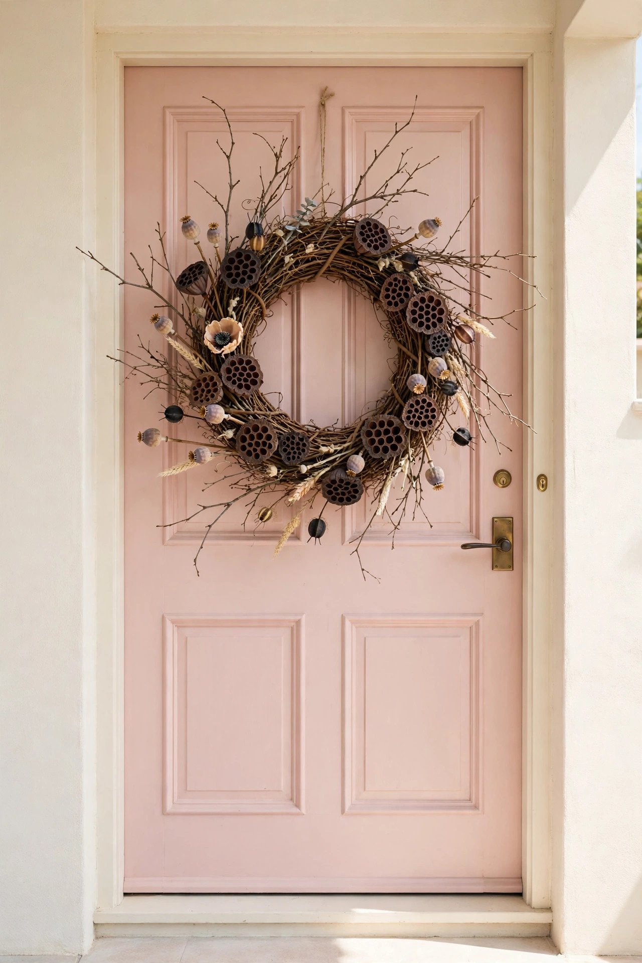 Halloween wreath of dried seed pods and bare branches on a grapevine base on a front door