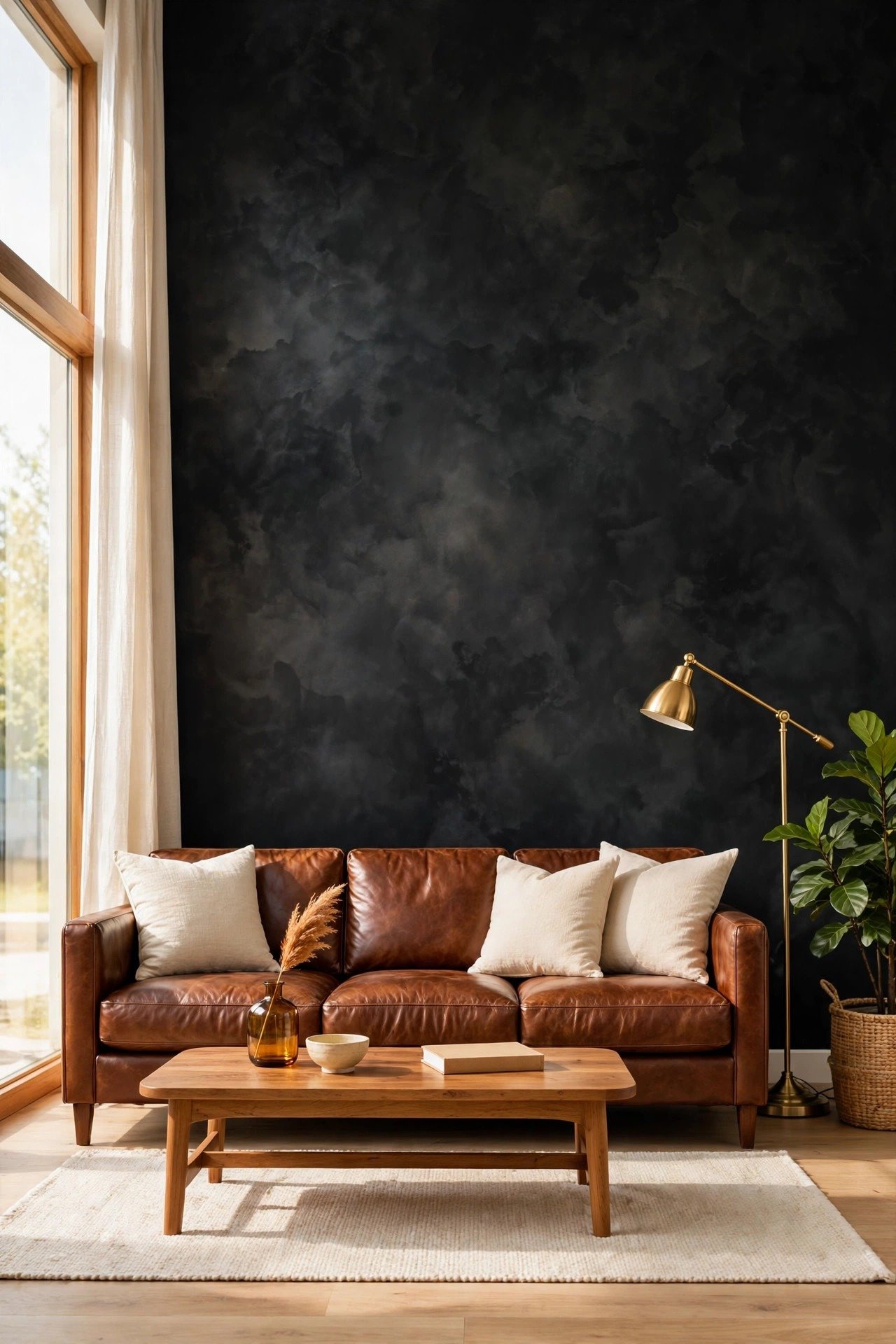 Black limewash wall with dramatic cloudy texture in a modern living space with leather sofa