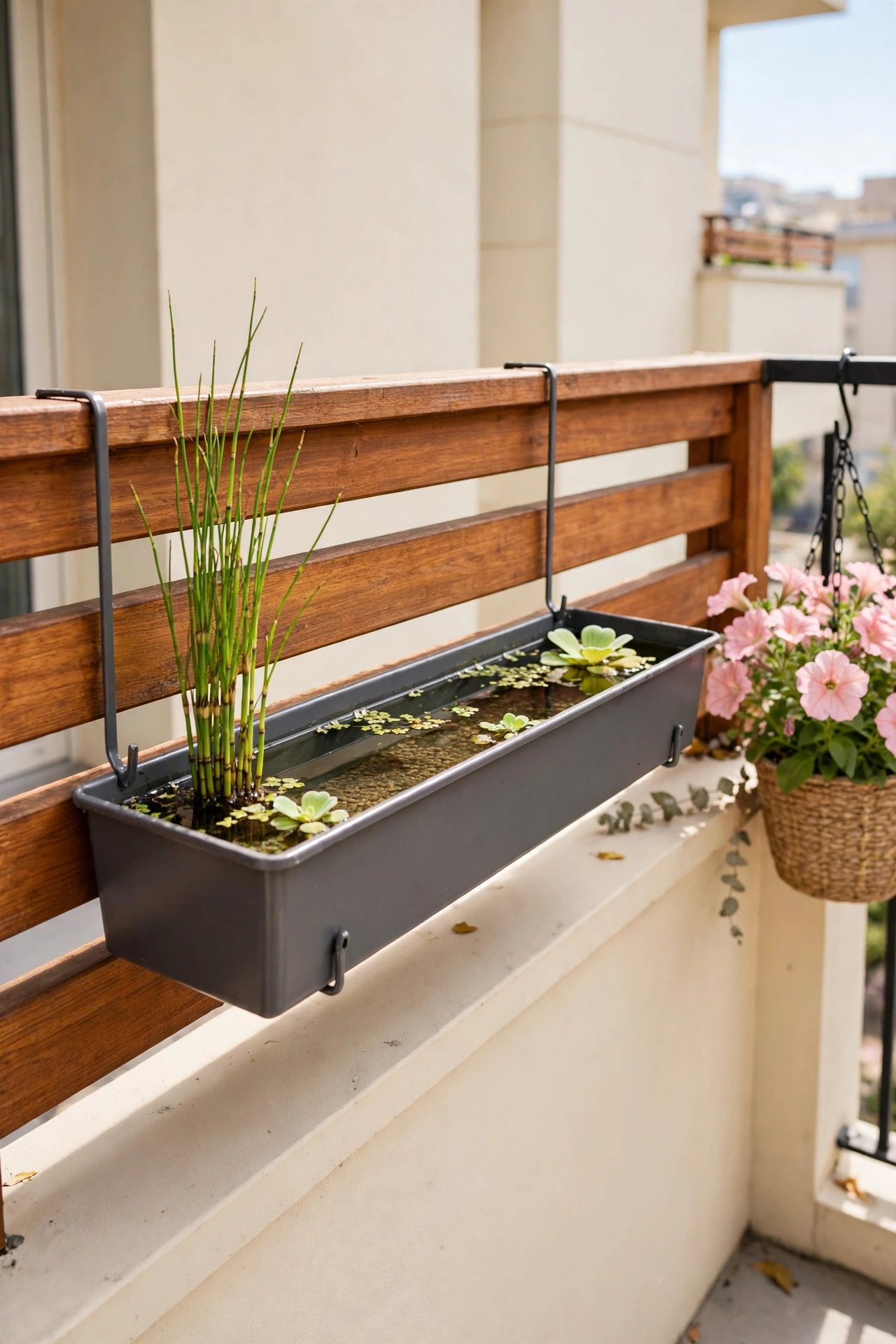 Narrow planter box pond on a balcony railing