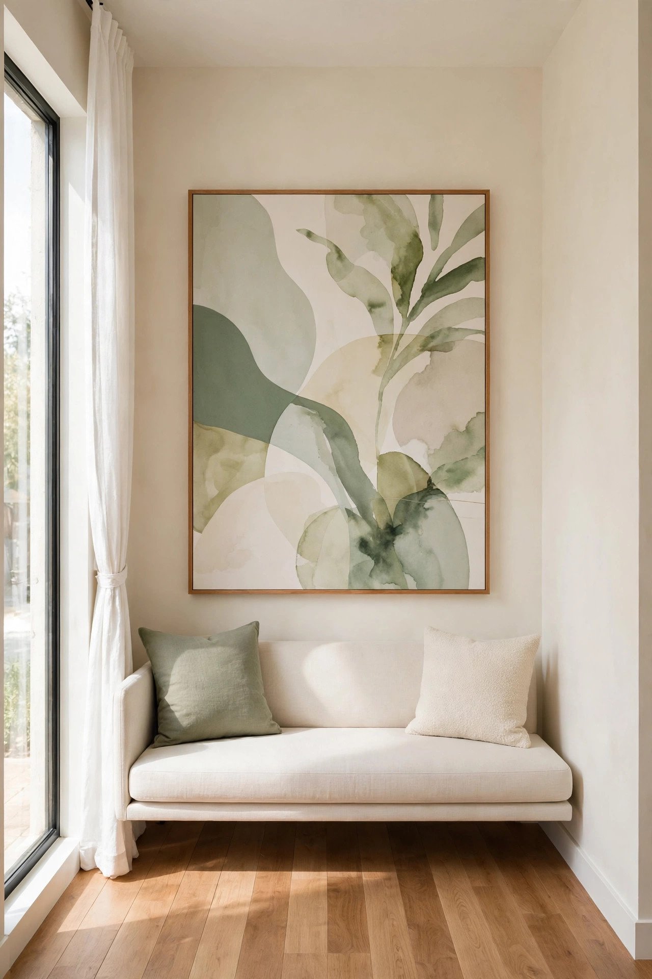 Statement art piece in a narrow living room with one oversized artwork on a single wall as the focal point