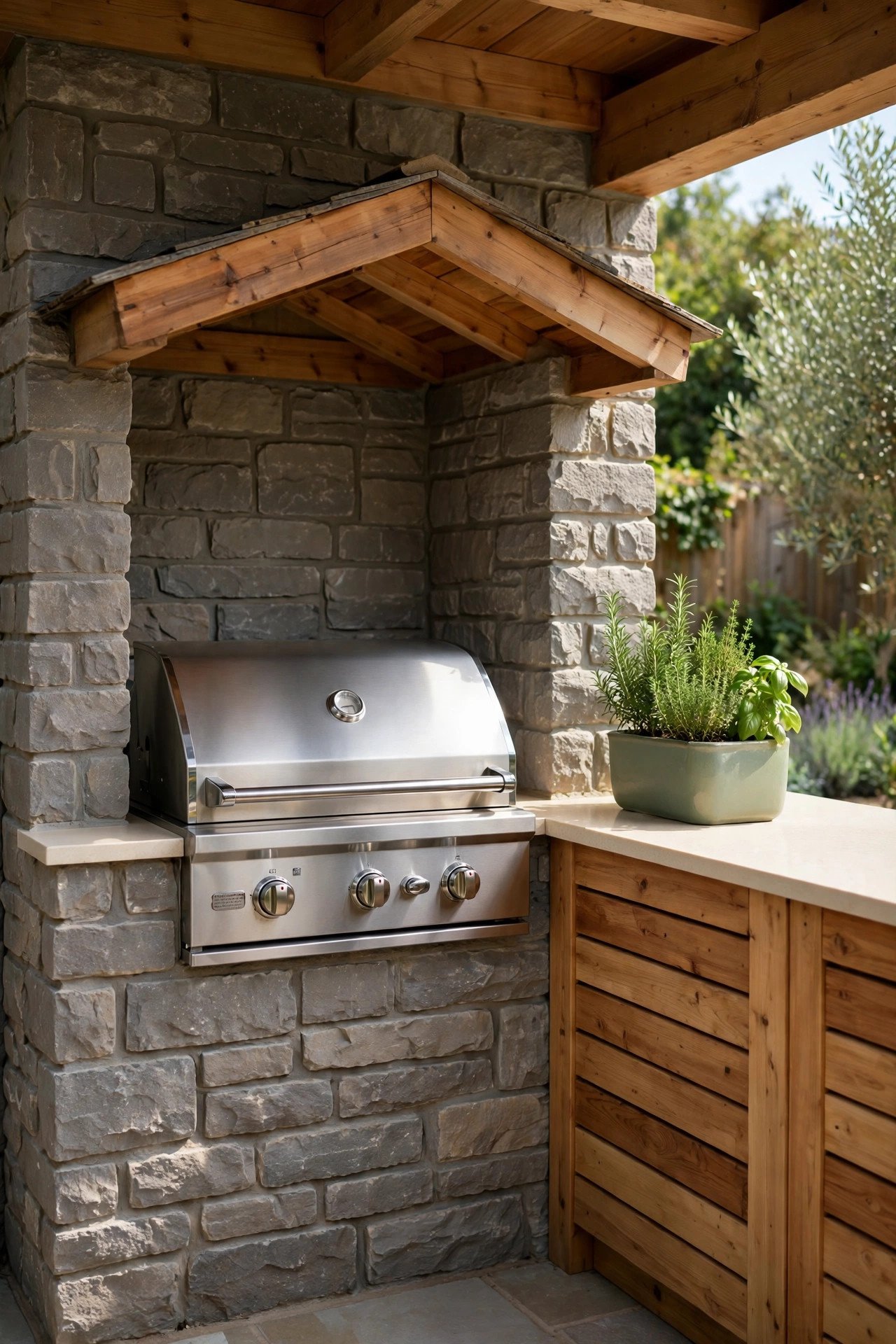 Grill tucked into a roofed niche in an outdoor kitchen, protected from weather