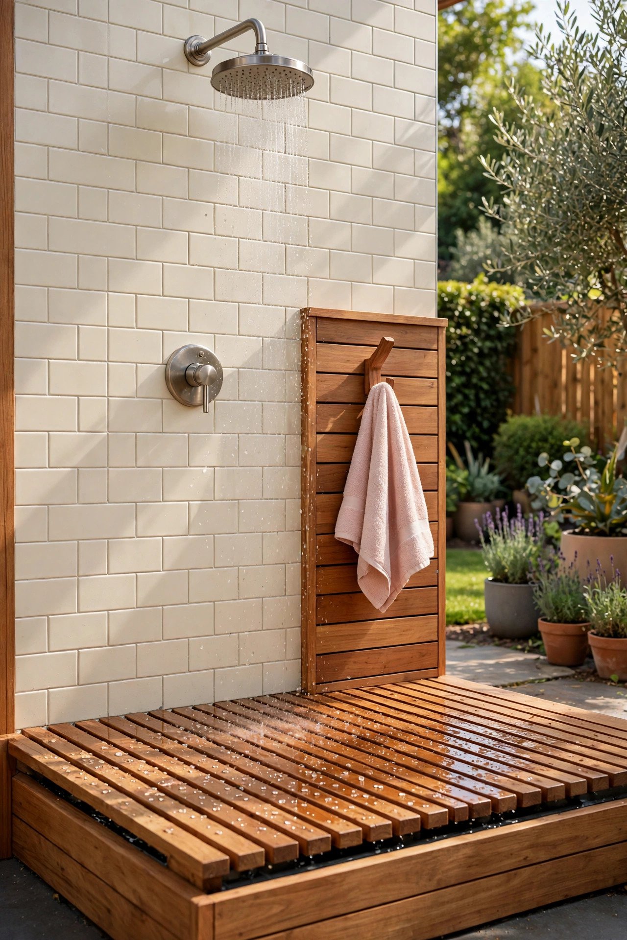 Outdoor shower with a slatted teak floor hiding the drain and a blush pink towel