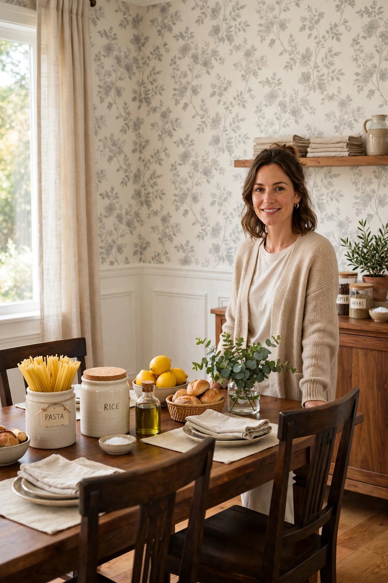 Soft gray floral peel and stick wallpaper with wainscoting in an elegant dining room