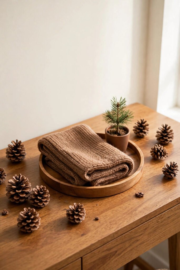 Pinecones scattered as natural accents on a rustic Christmas vanity table
