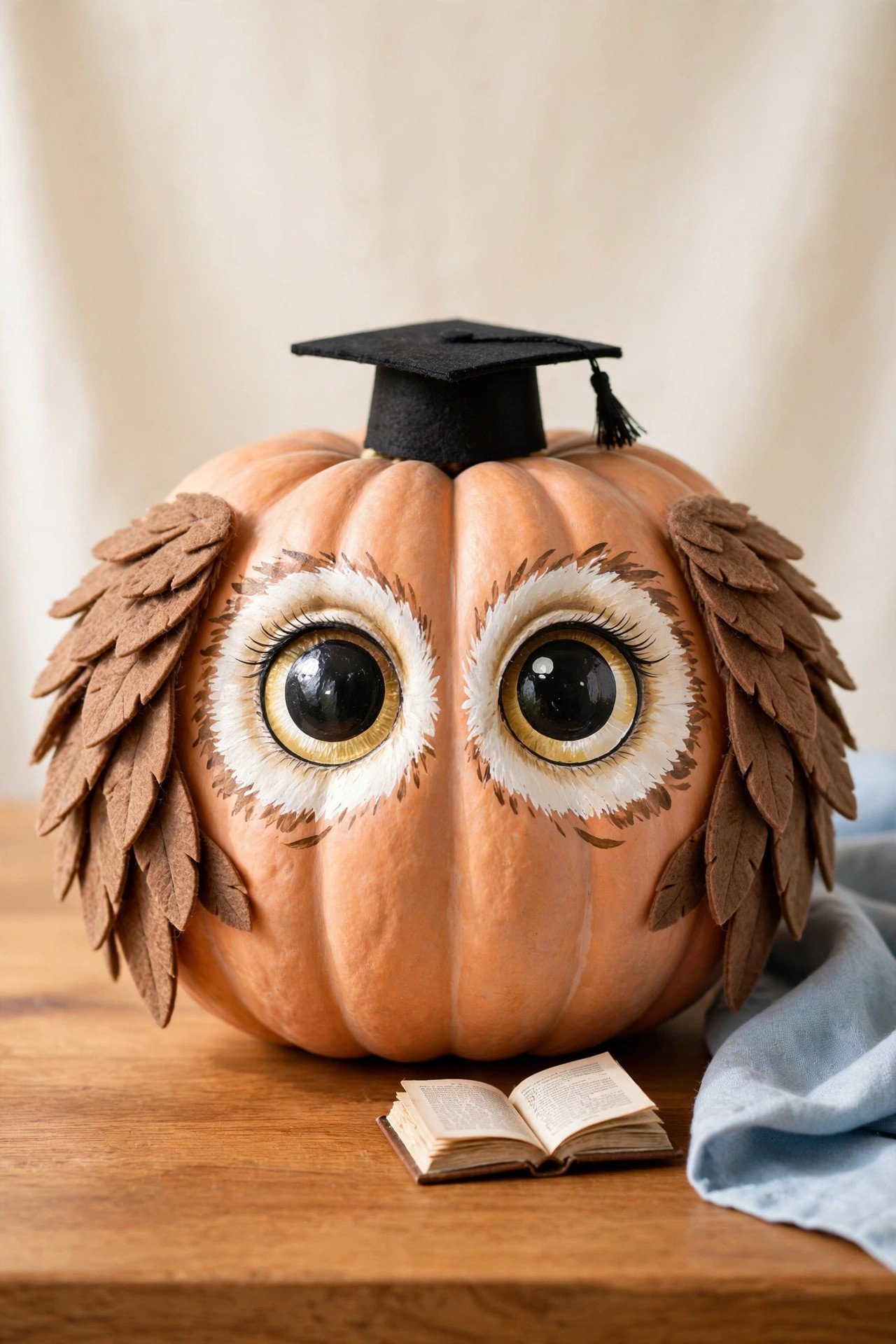 Pumpkin decorated as an owl with big painted eyes, felt feather wings, and a tiny graduation cap