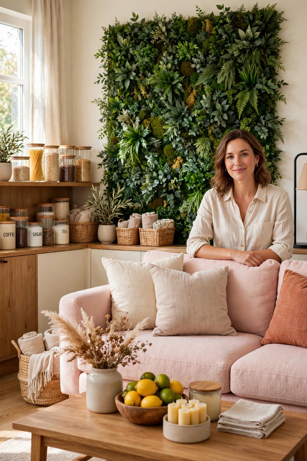 Faux greenery wall panel as a lush accent in a living room in blush pink tones