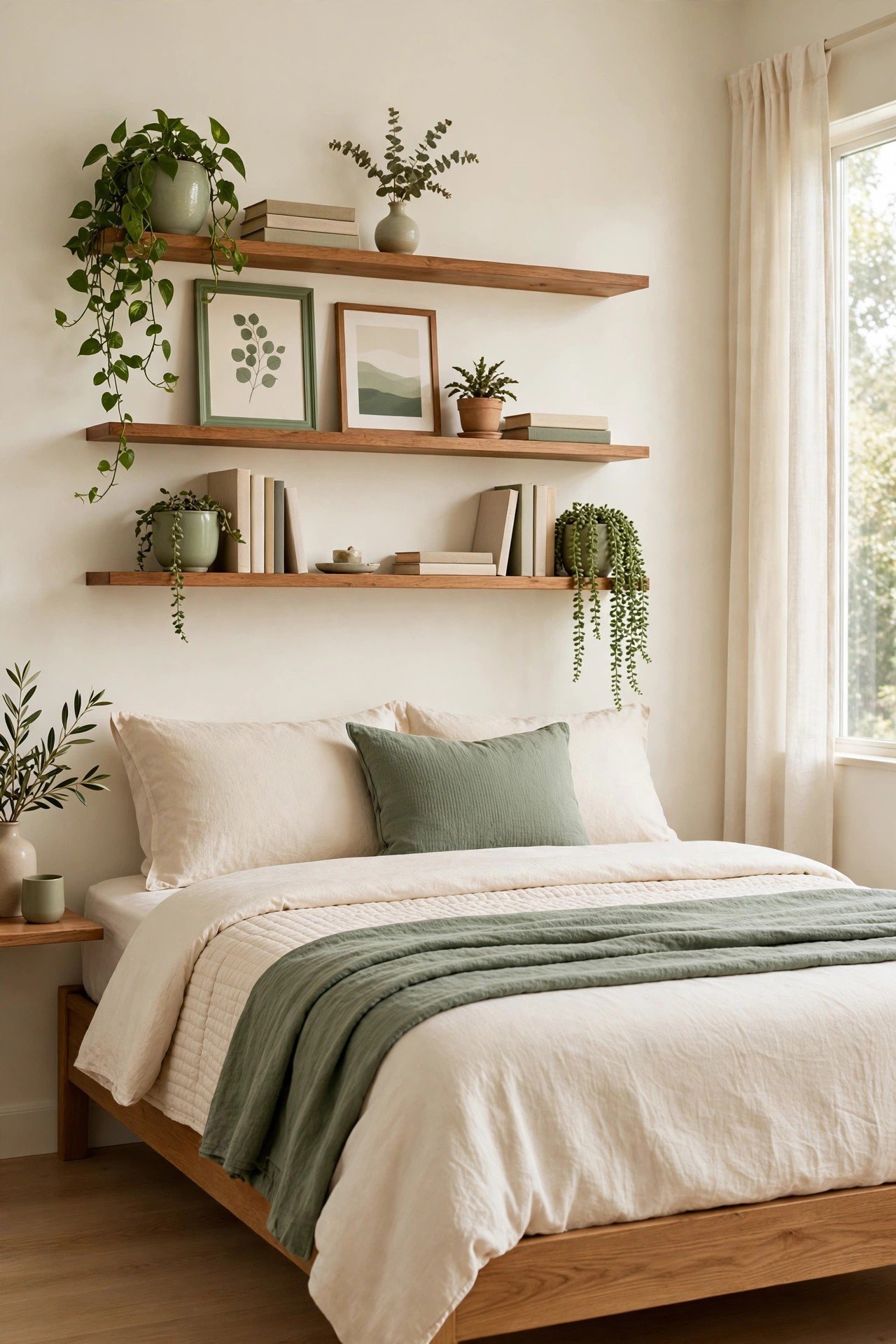 Floating wooden shelves above a queen bed holding plants books and framed prints in a small bedroom