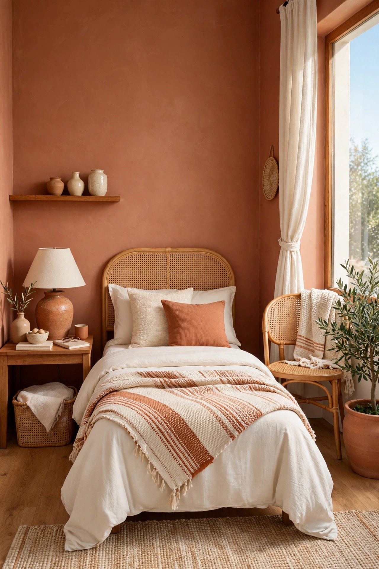 Earthy small guest room layout with warm terracotta walls, cane furniture, woven throws, and ceramic accessories