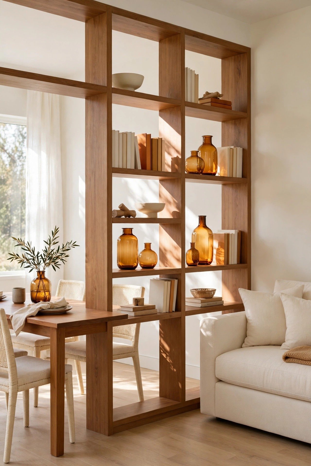 Open built-in shelving dividing living and dining zones in a small combo room without blocking light