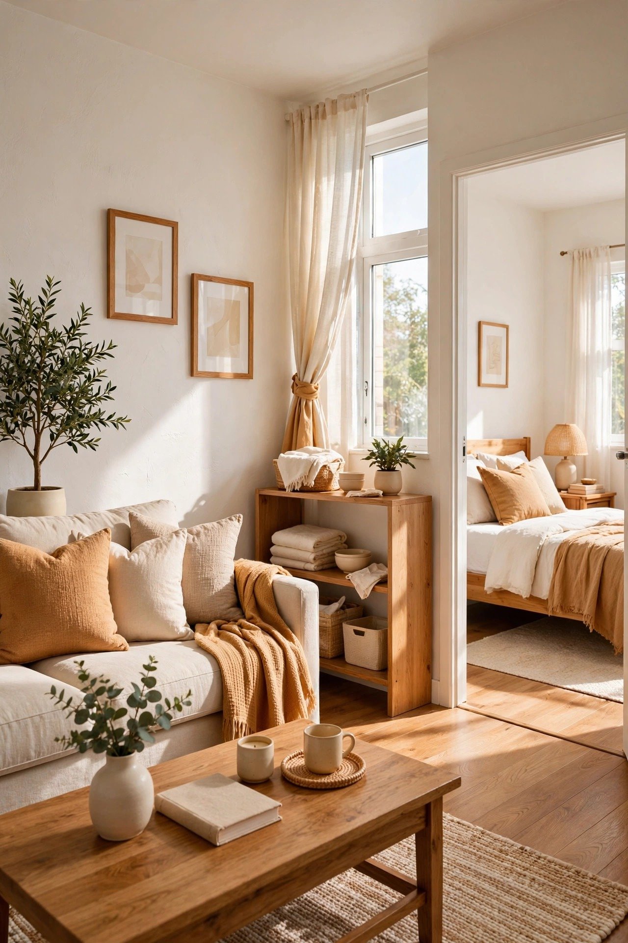 Small one bedroom apartment layout ideas with a light airy color palette of whites, creams and soft beige in the living room