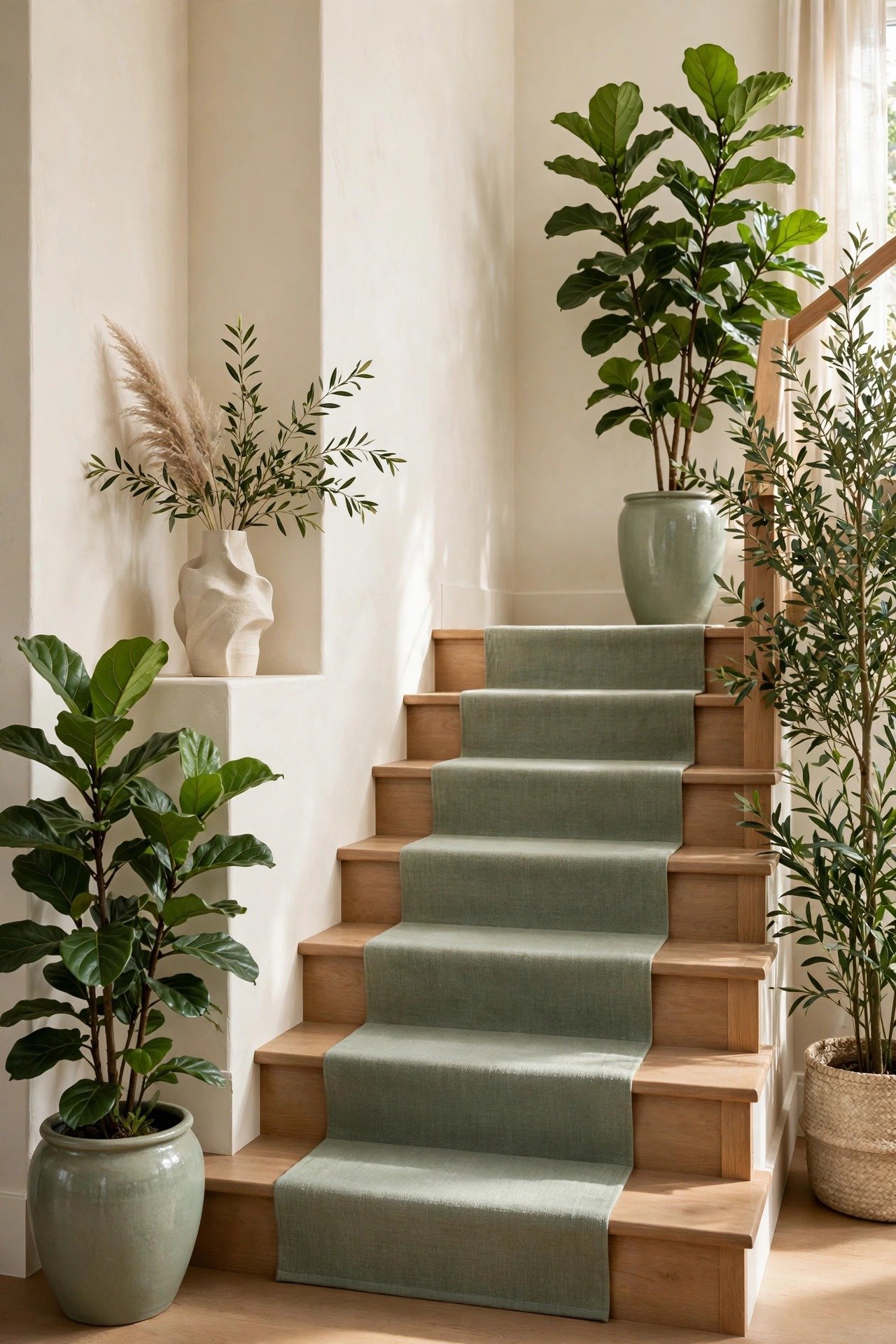Tall plants and sculptural decor styling a staircase wall corner