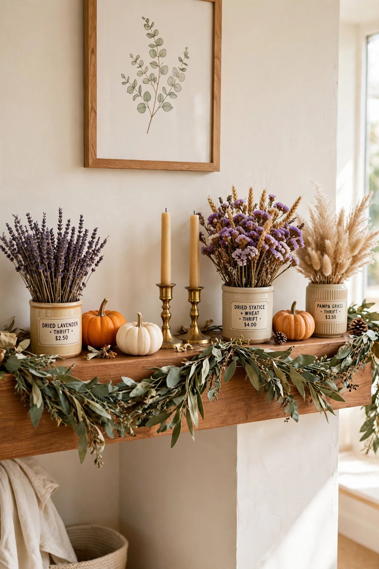Thrifted seasonal decor with pumpkins and dried florals arranged on a mantel in sage green tones