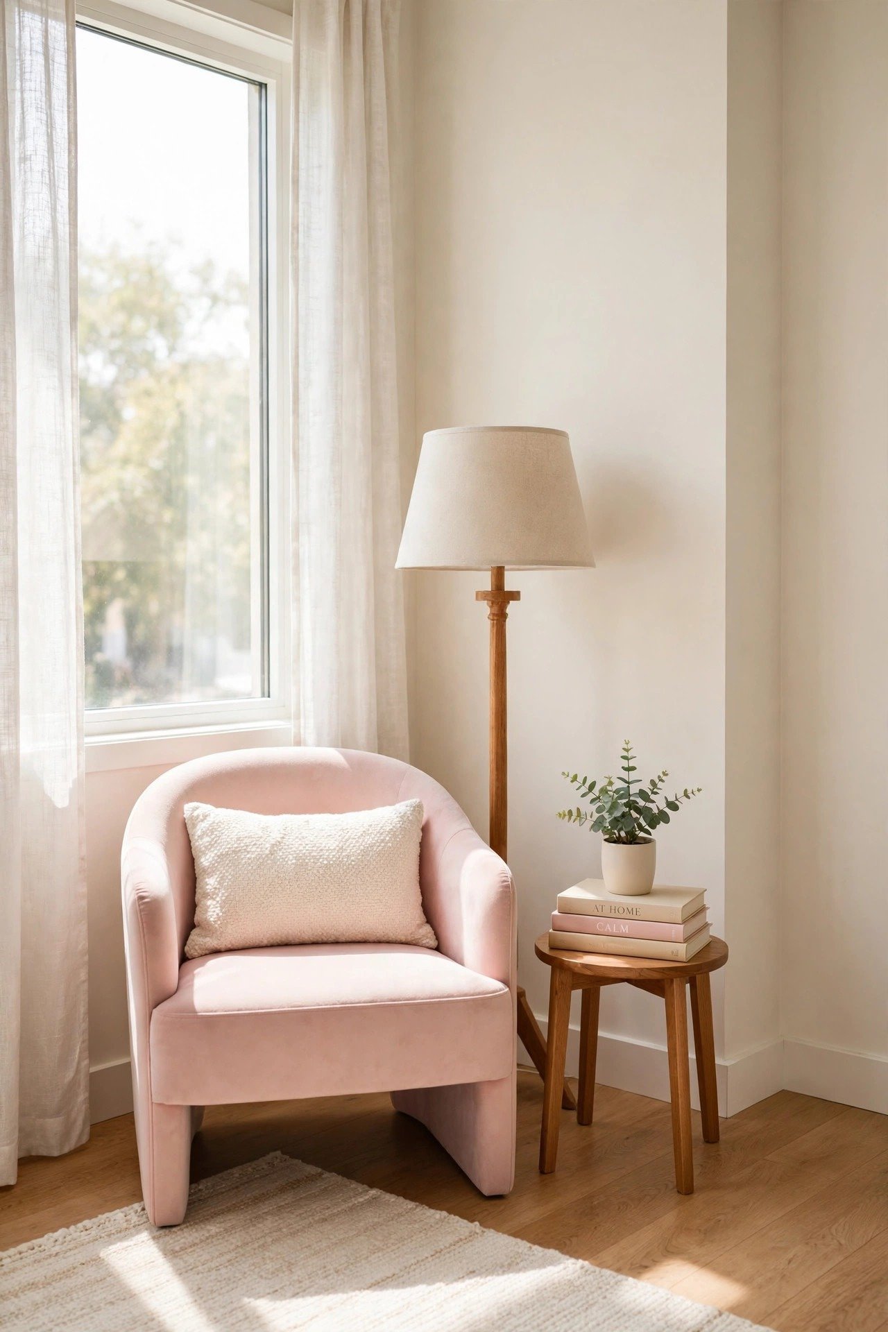Tiny studio apartment layout idea with a corner reading nook using a small chair and lamp in blush pink tones