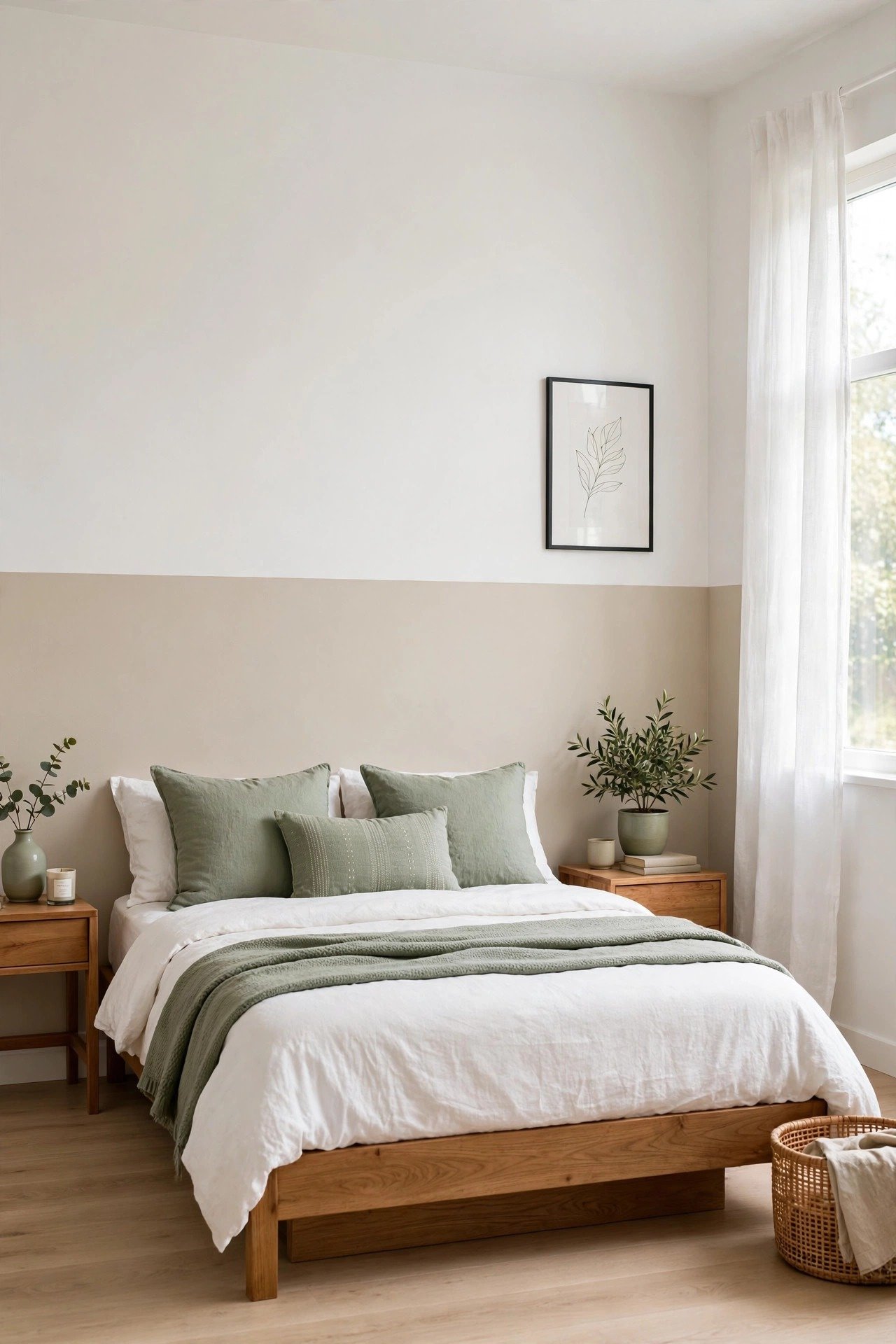 Beige and white two tone wall paint ideas with neutral beige and crisp white for a serene minimalist bedroom