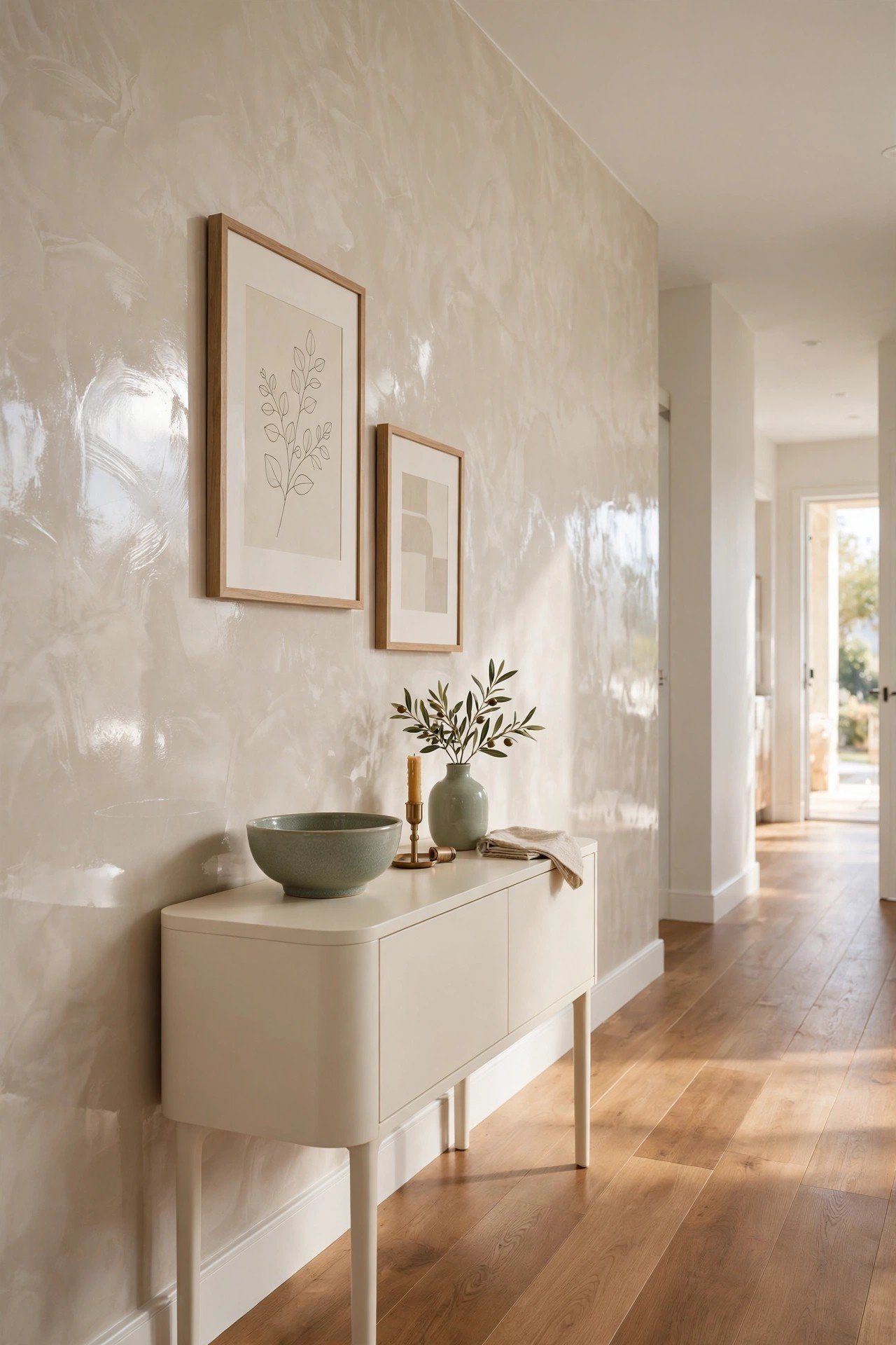 Glossy Venetian plaster accent wall with mirror-like shine in a modern hallway