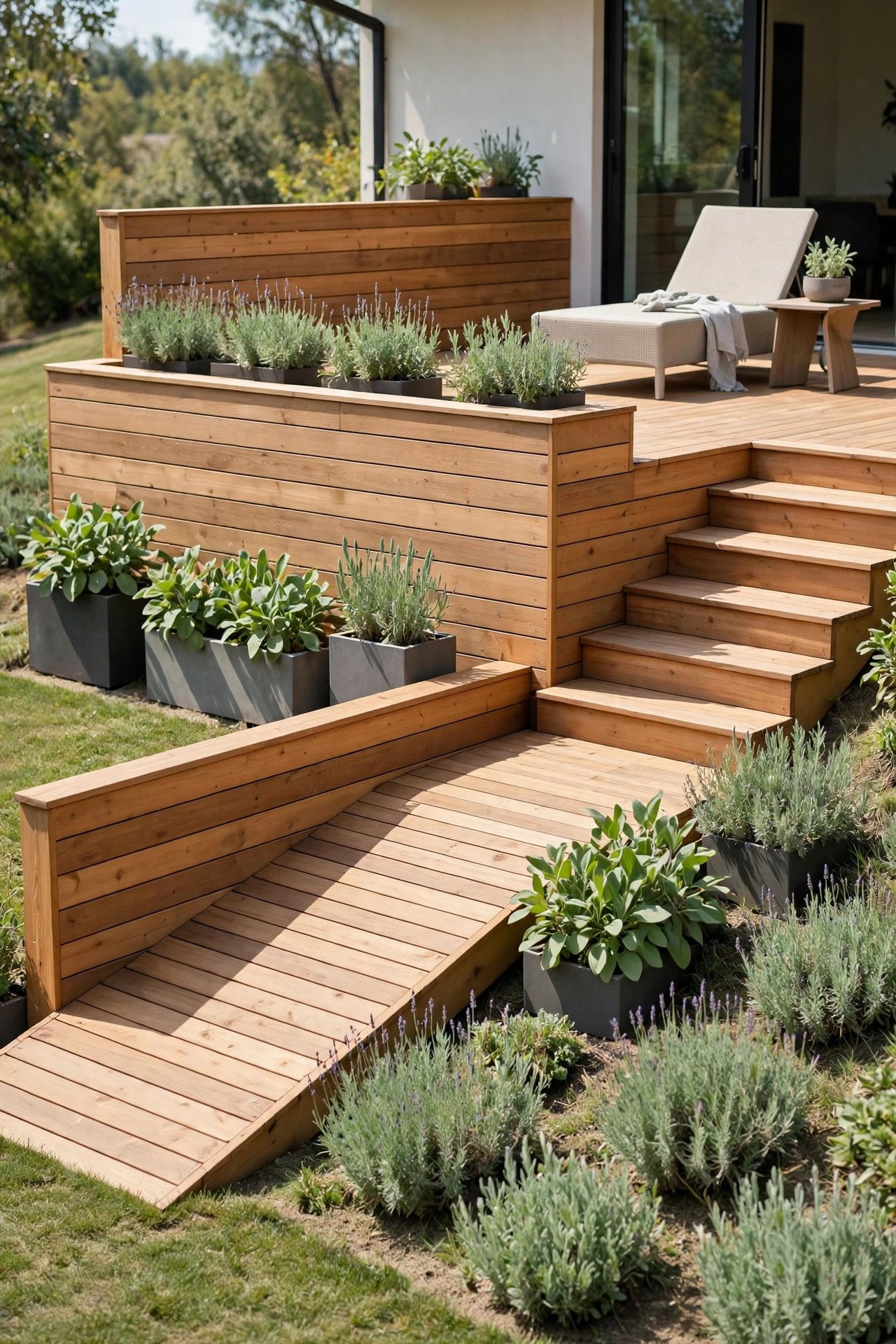 Wooden deck with matching steps, ramp and low walls in one wood tone