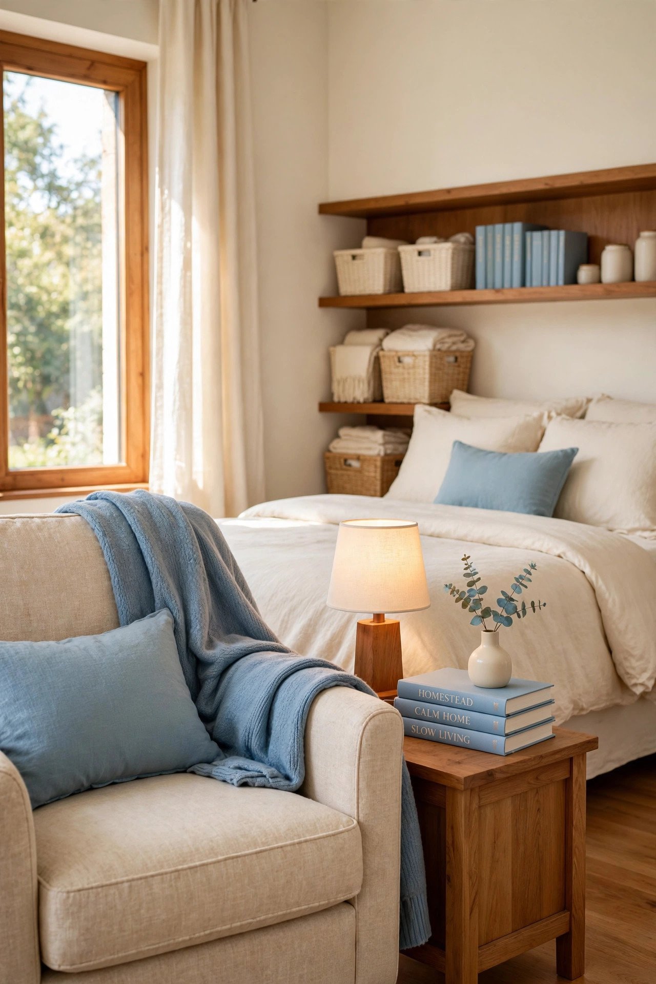 Cozy bedroom reading corner with an armchair, lamp, and throw