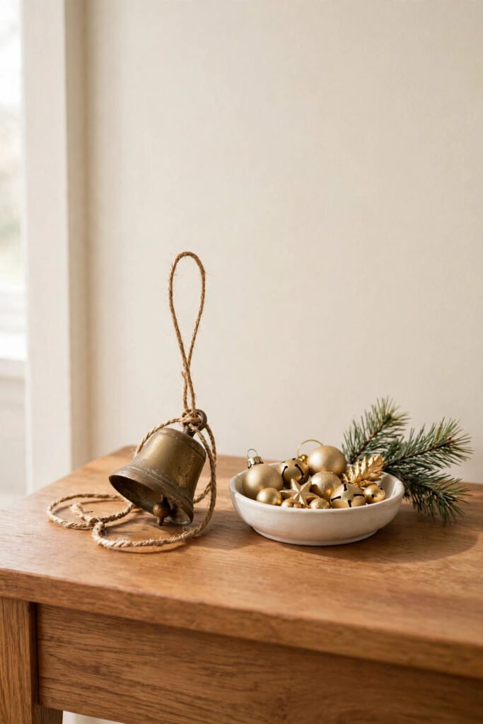 Aged brass bell on twine as a finishing touch for rustic Christmas vanity decor