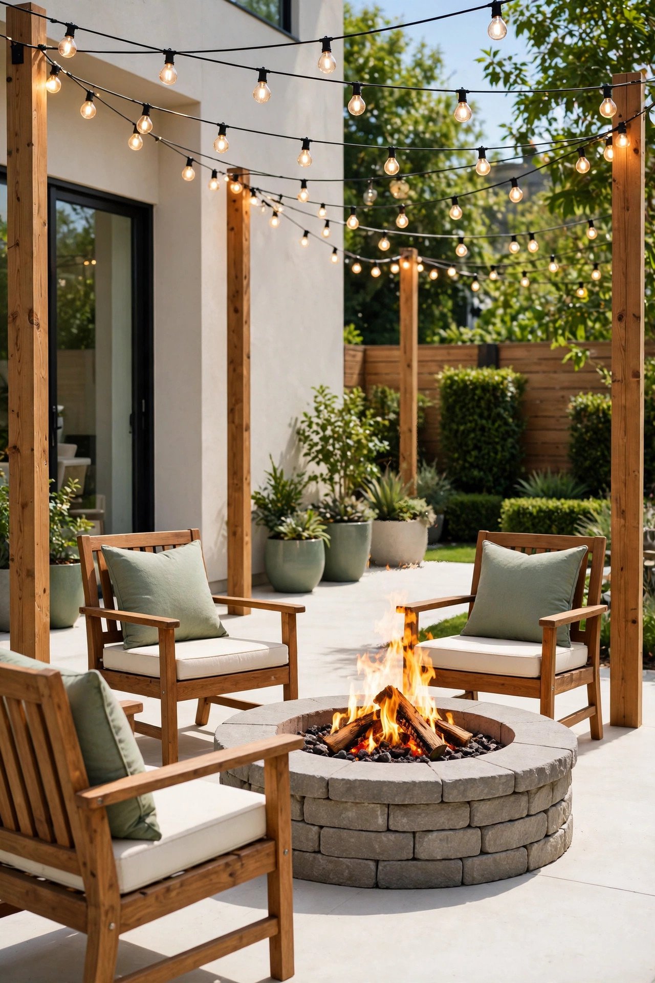 String lights strung on wooden posts over a fire pit with sage green seating