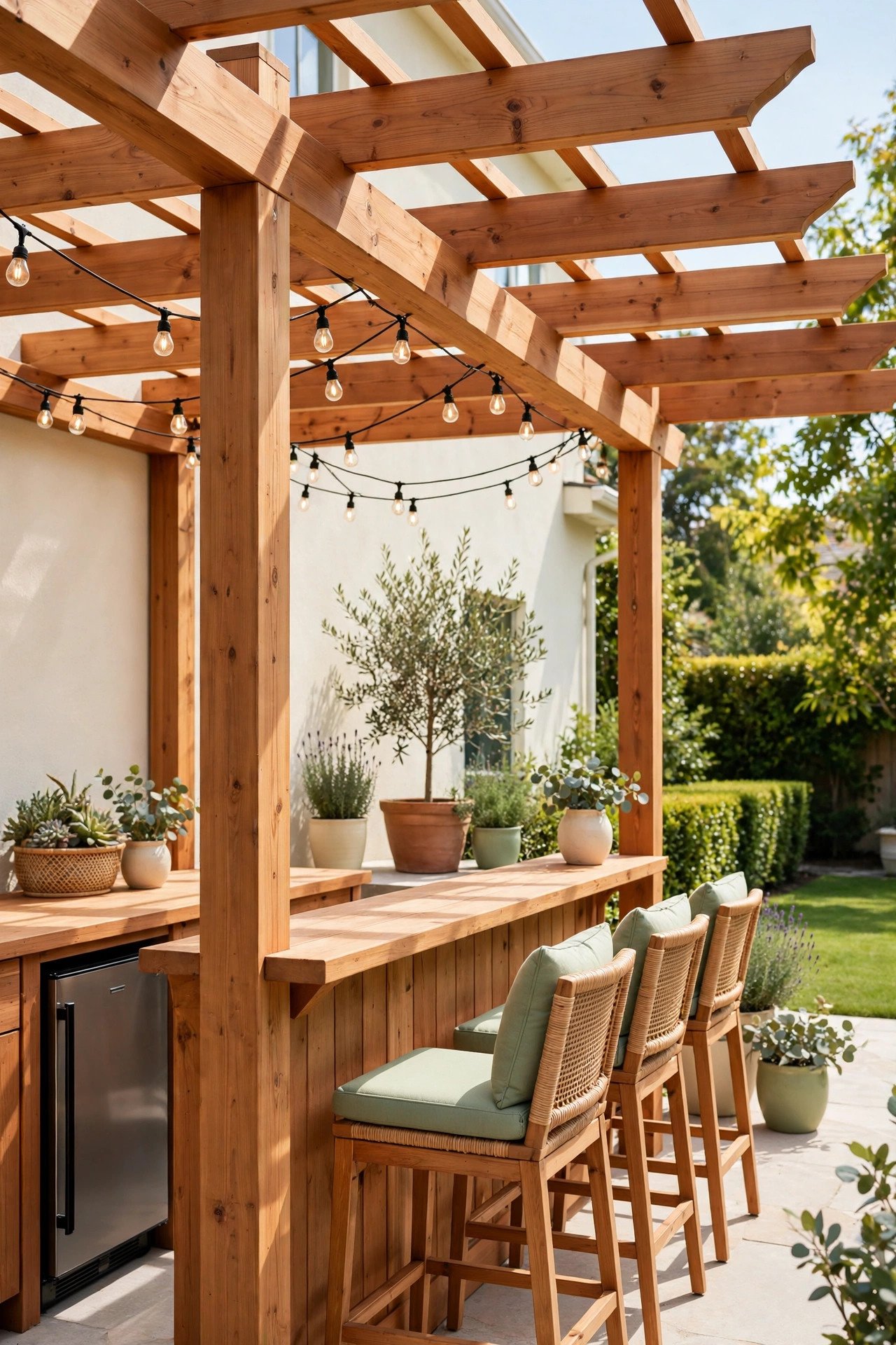 Wooden pergola with a built-in outdoor bar and stools